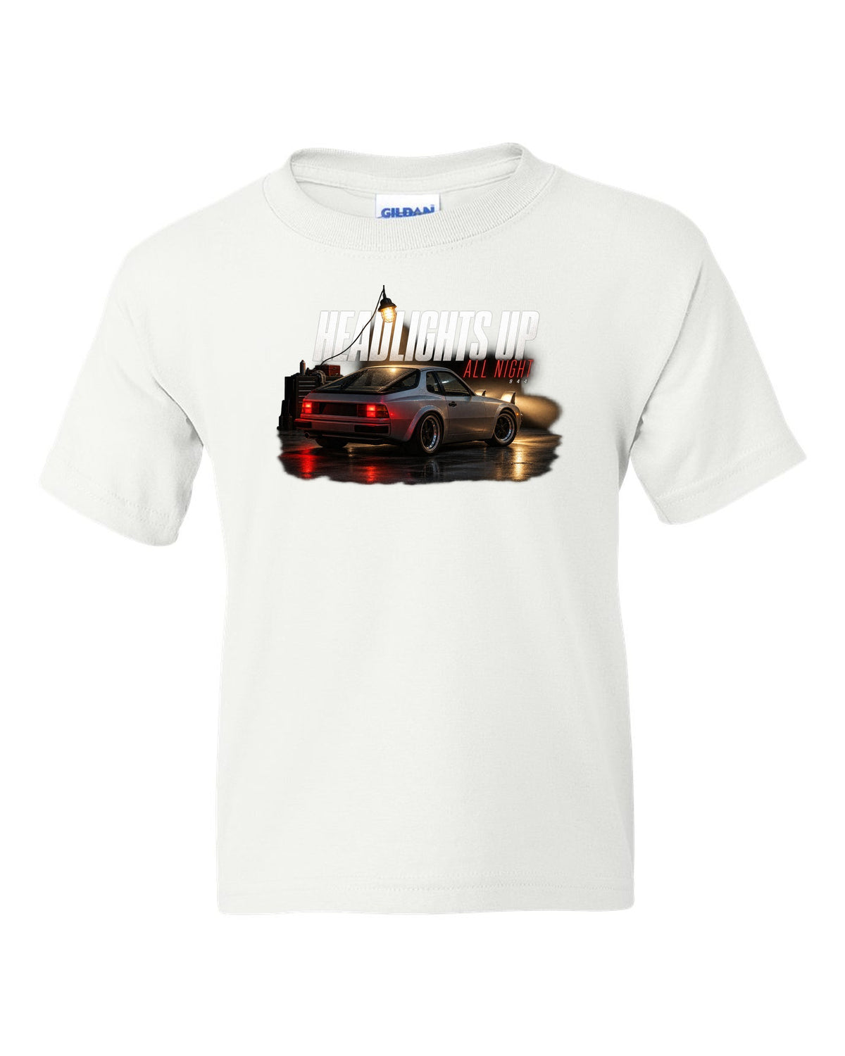 Garage night print of an early Porsche 944 with pop-up headlights raised white kids tee front view with the design