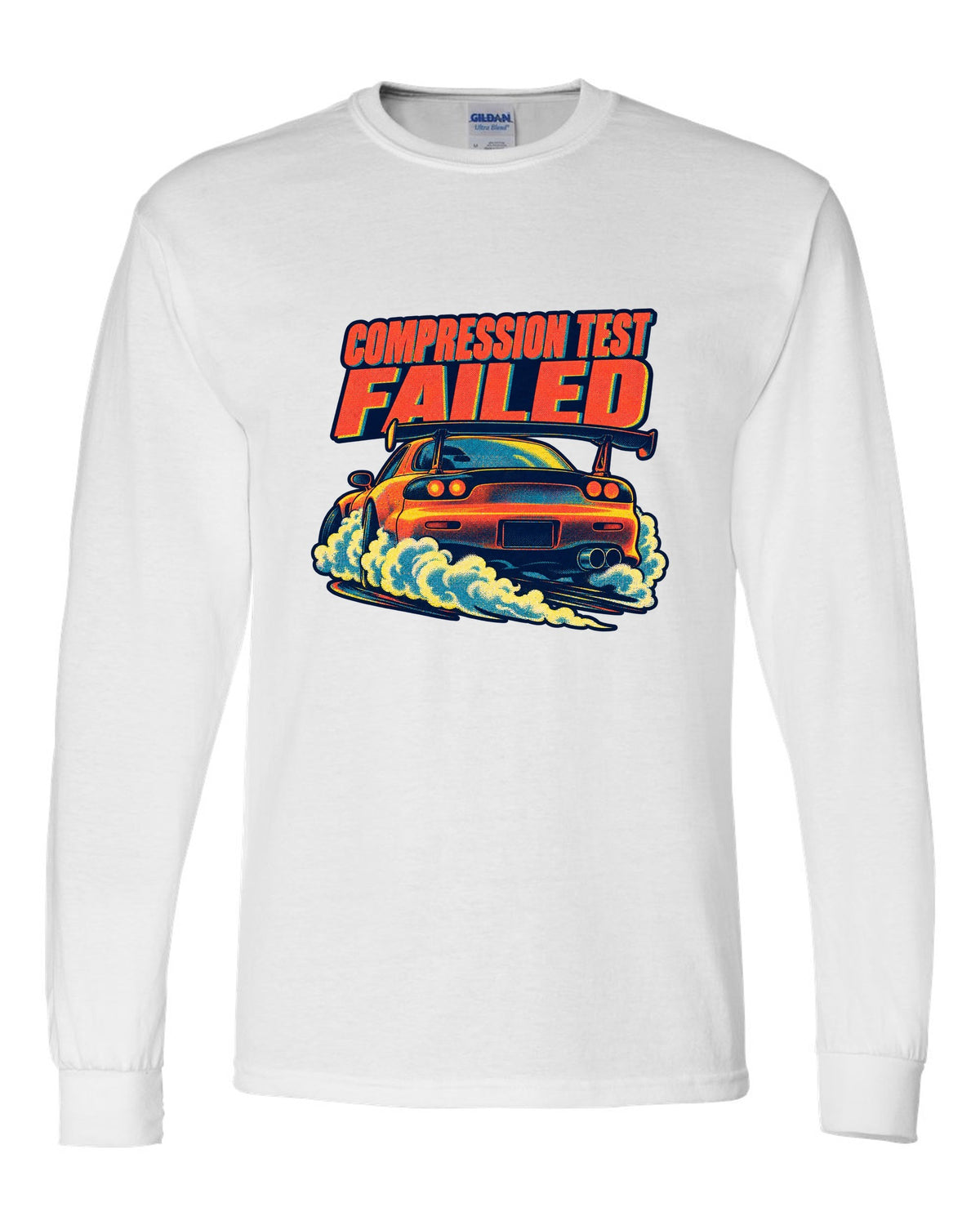 Risograph spot-colour rear view of a Mazda RX-7 FD3S with glowing taillights white long sleeve front view with the design