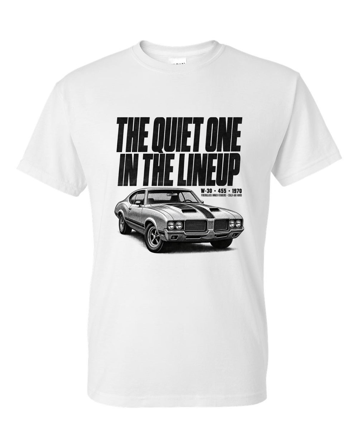 1970 Oldsmobile 442 W-30 halftone print with 455 and cold-air hood text white t-shirt front view with the design