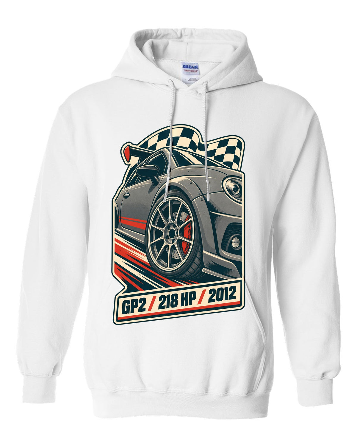 Vintage race poster of the Mini Cooper GP2 R56 with 218 HP and 2012 text white pull over hoodie front view with the design