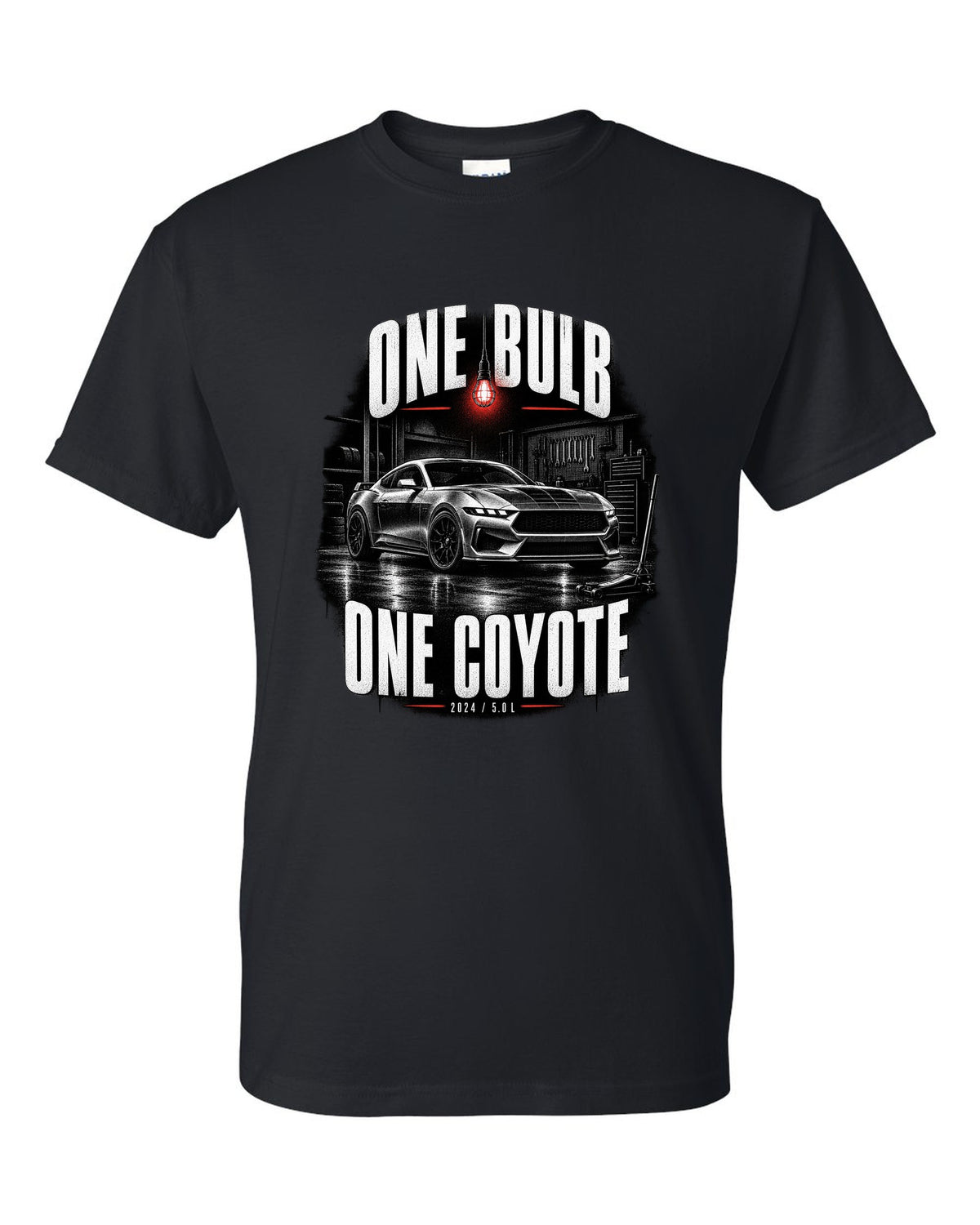 Ford Mustang S650 GT coupe in a dimly lit garage, one bulb one Coyote print black t-shirt front view with the design