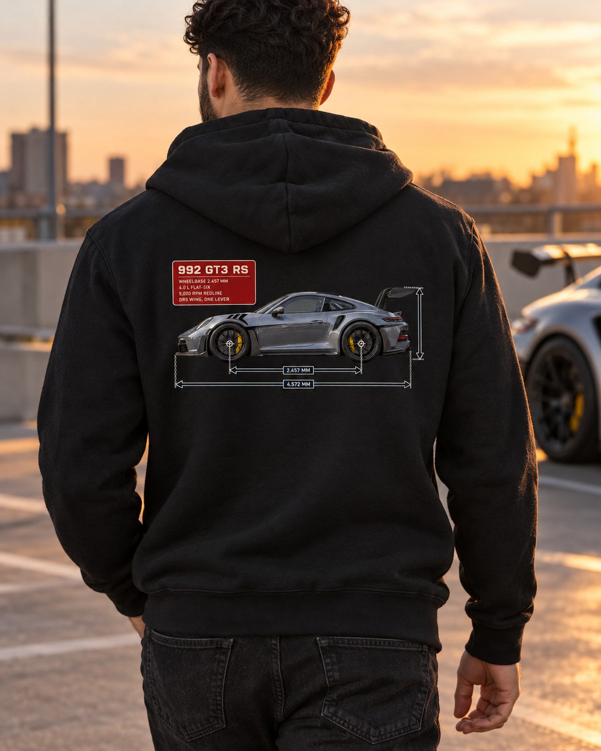 Porsche 992 GT3 RS Dimension Blueprint Shirt, Car Guy Gift Zip Hoodie Black worn hero