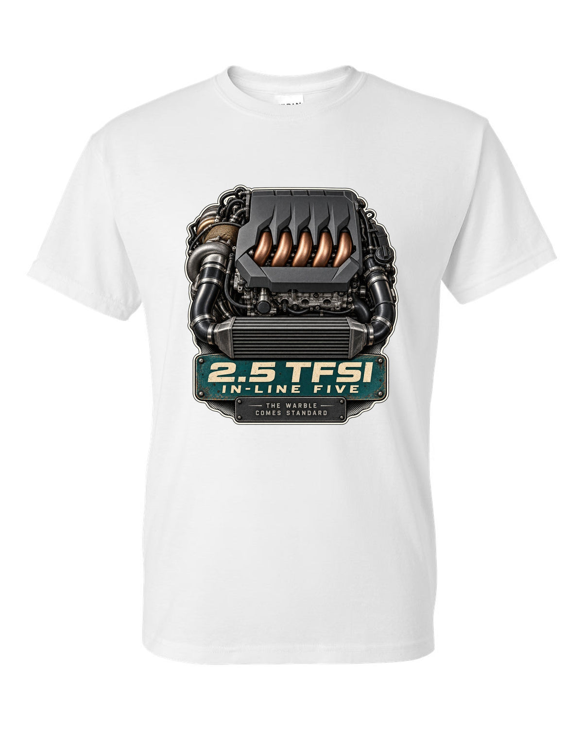 Engine bay print of the Audi RS3 8Y 2.5 TFSI in-line five white t-shirt front view with the design