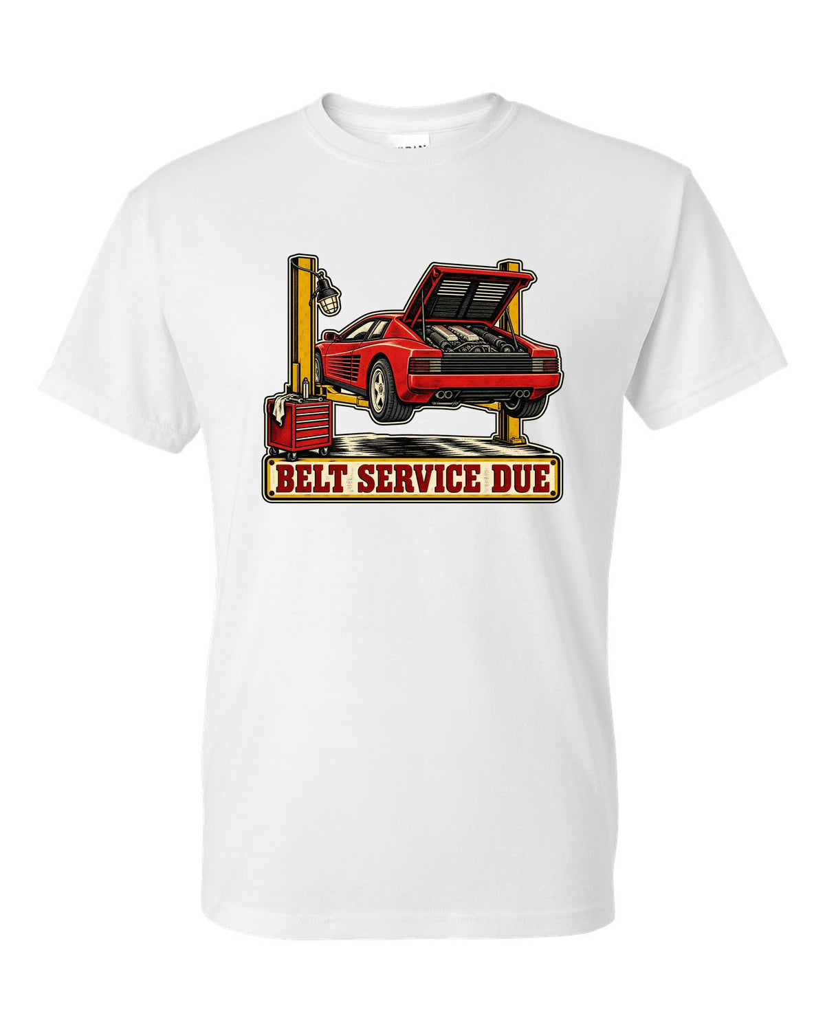 Two-colour linocut of Ferrari Testarossa with belt service due text white t-shirt front view with the design