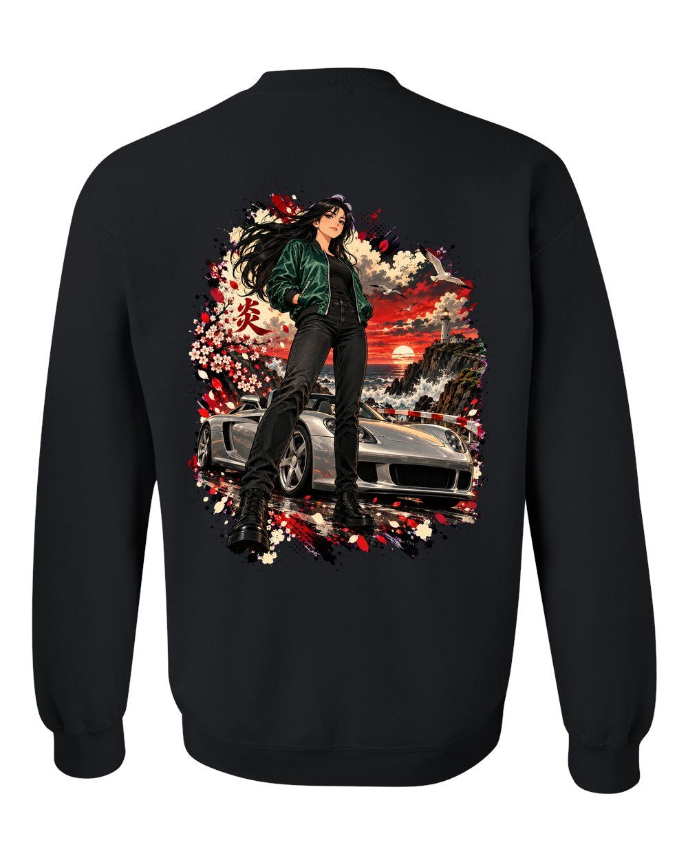 Porsche Carrera GT Anime Girl Crewneck Black back