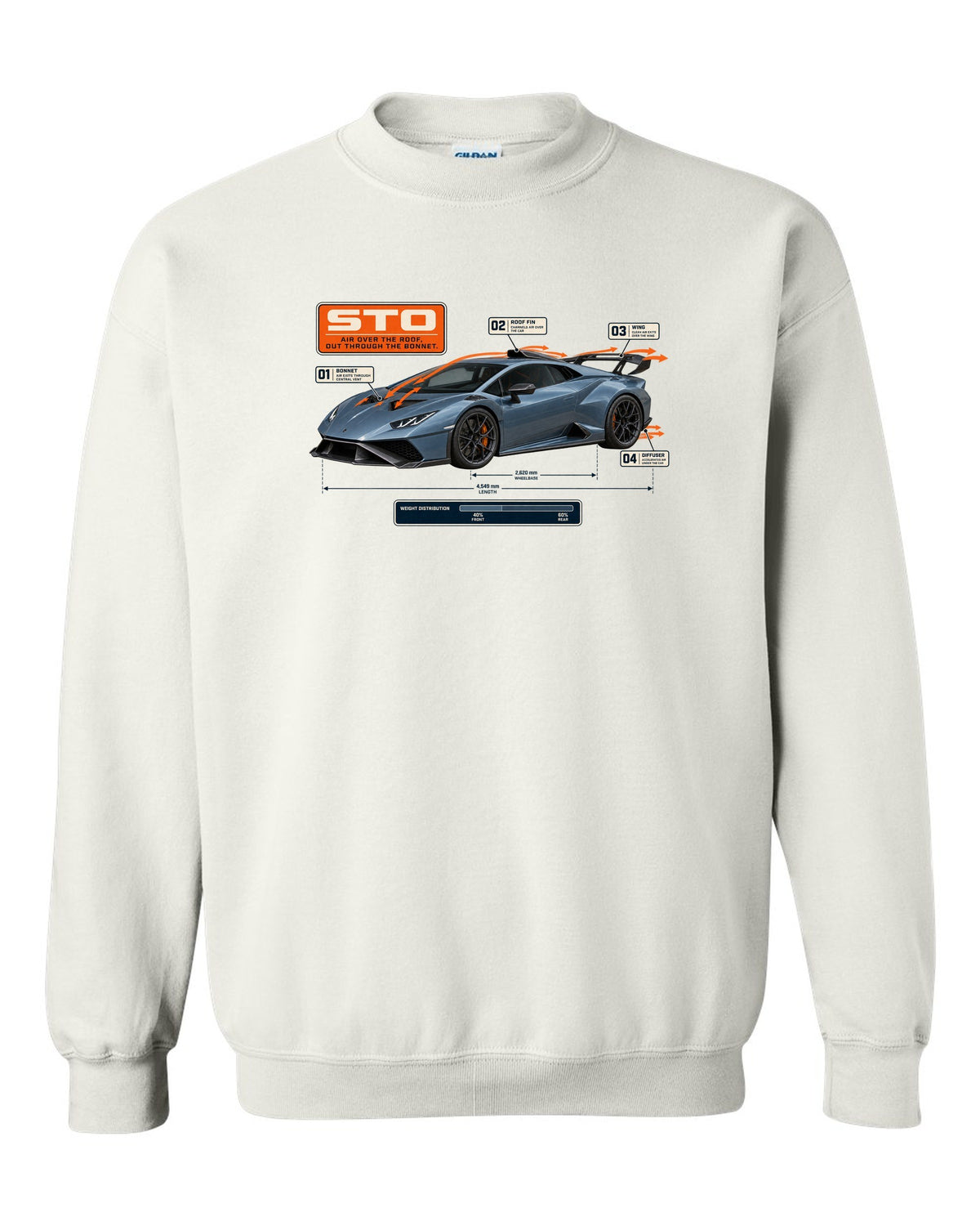 Aero callout print of the Lamborghini Huracan STO showing airflow white crewneck front view with the design