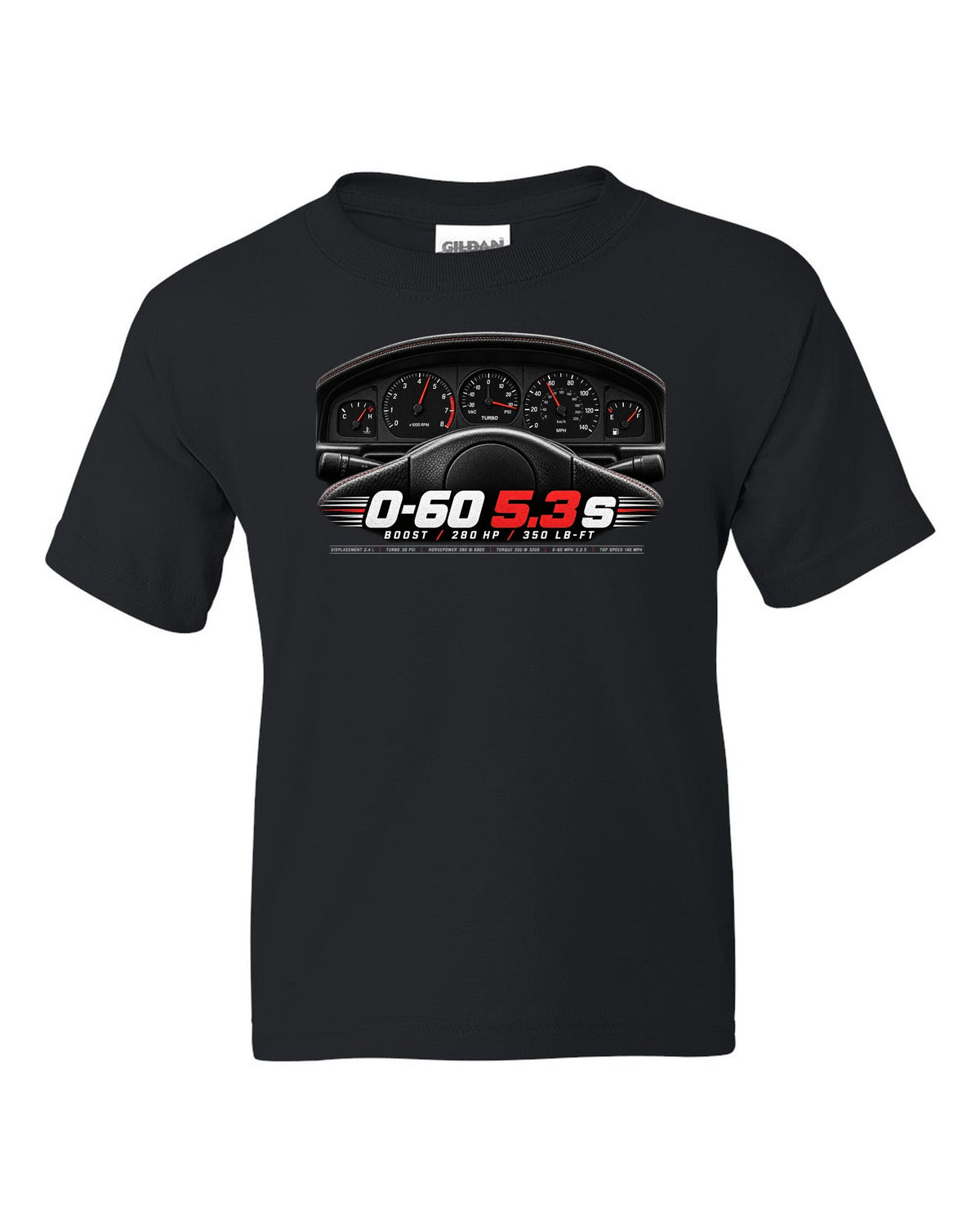 print of a 1991 GMC Syclone gauge cluster crop with boost and speed figures black kids tee front view with the design