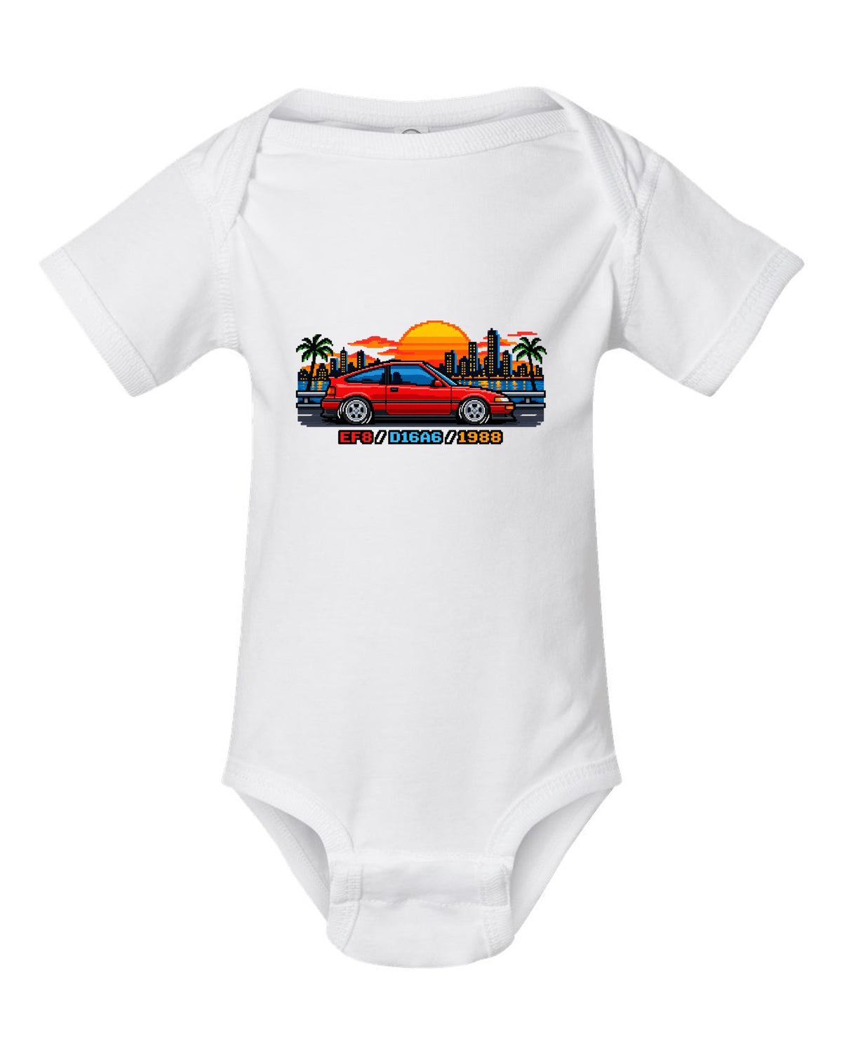 16-bit pixel art Honda CRX EF8 print with D16A6 and 1988 text white baby onesie front view with the design