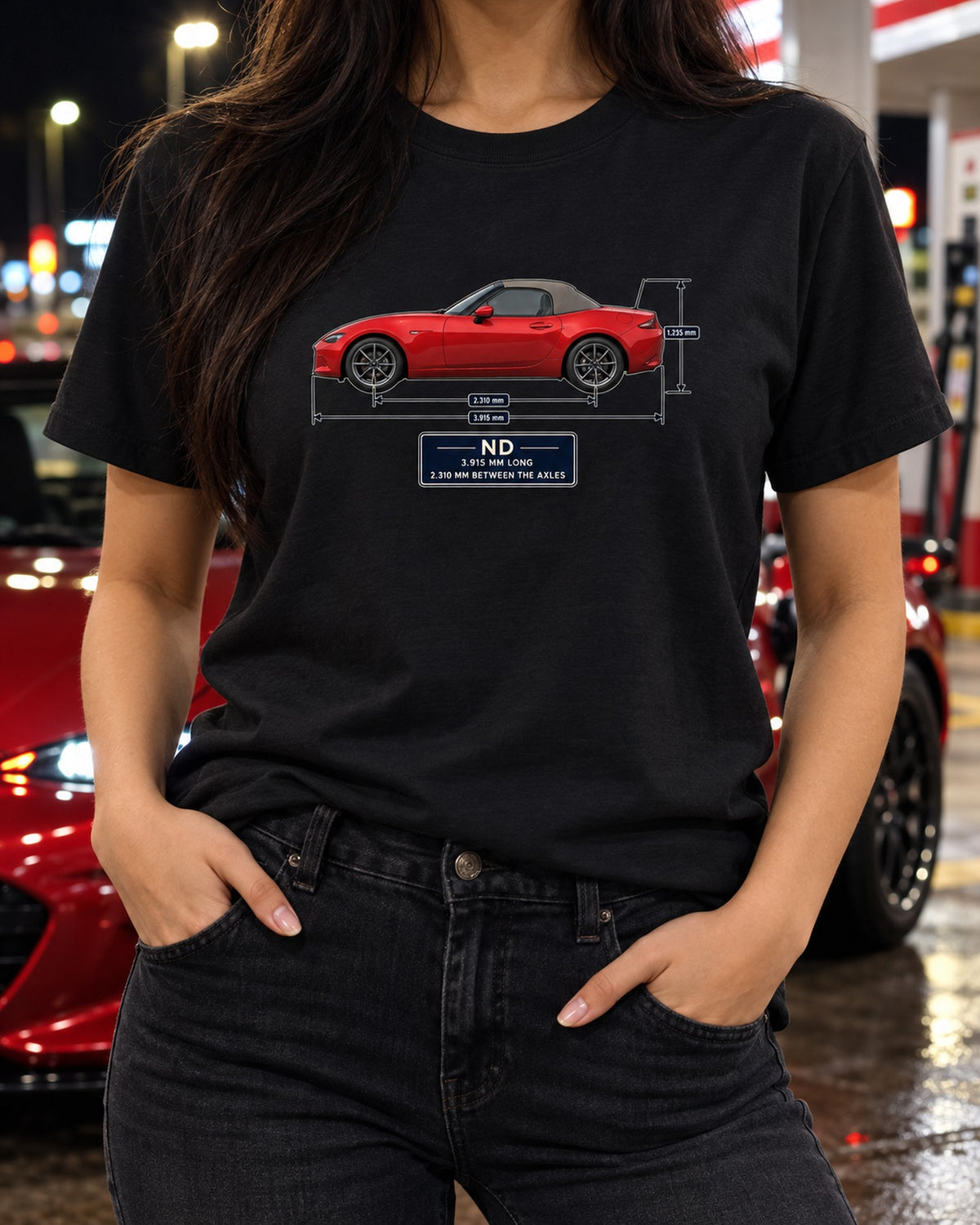 Mazda MX-5 ND1 Soft Top Dimension Blueprint Shirt, Miata Gift T-Shirt Black worn hero