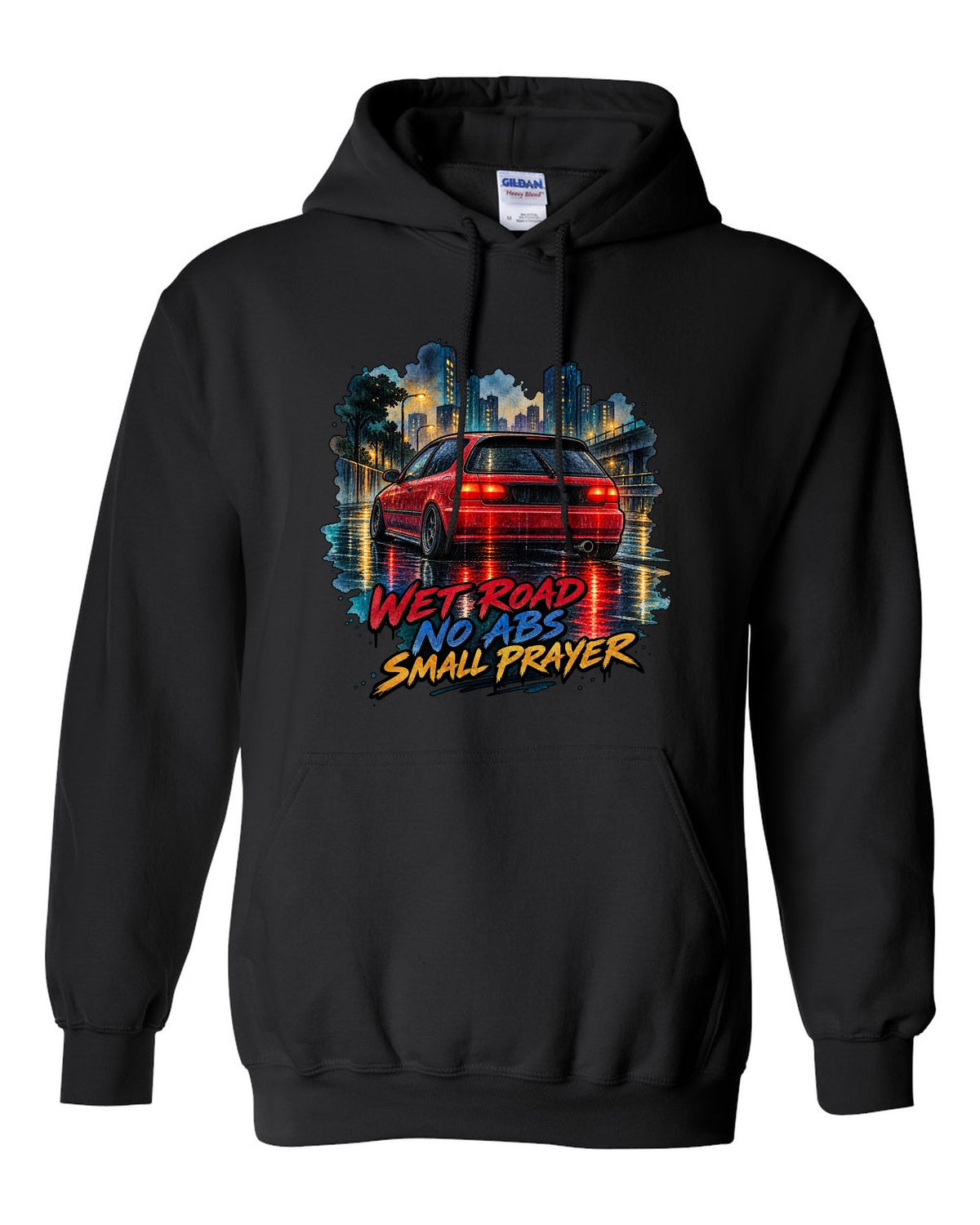 Watercolour wet road print of a Honda Civic EG6 ch with red taillights and no ABS text black pull over hoodie front view with the design
