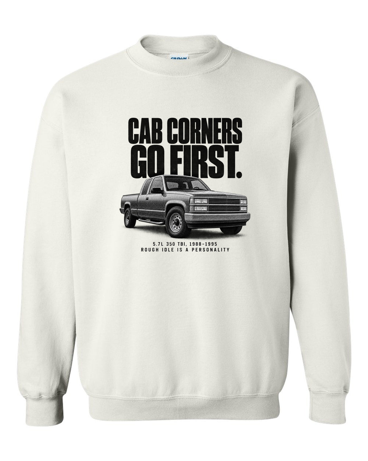 Halftone print of a 1988-98 Chevrolet GMT400 C1500 OBS with 5.7L 350 TBI text white crewneck front view with the design