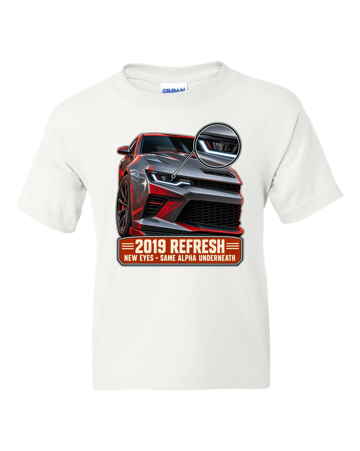 Macro detail print of a 2019 Chevrolet Camaro SS refresh white kids tee front view with the design