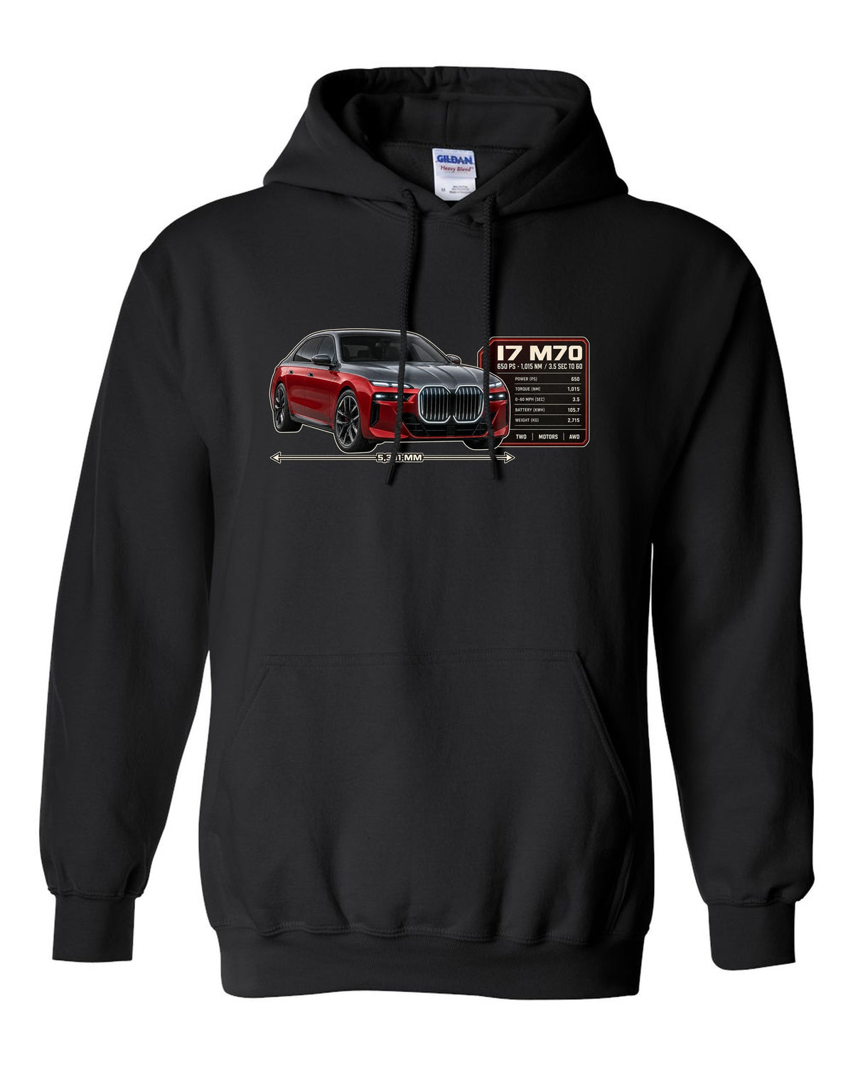 Spec poster print of the BMW i7 M70 xDrive with 650 PS and 1,015 Nm black pull over hoodie front view with the design