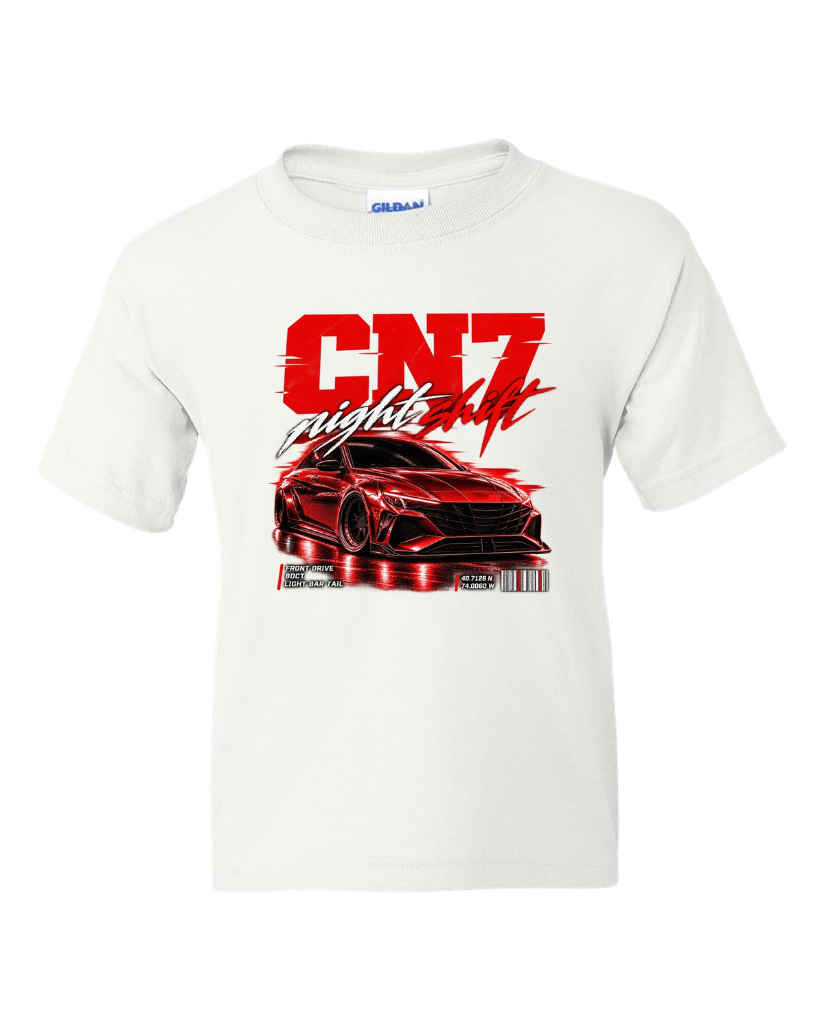 Hyundai Elantra N CN7 street poster print with night shift text and coordinates white kids tee front view with the design