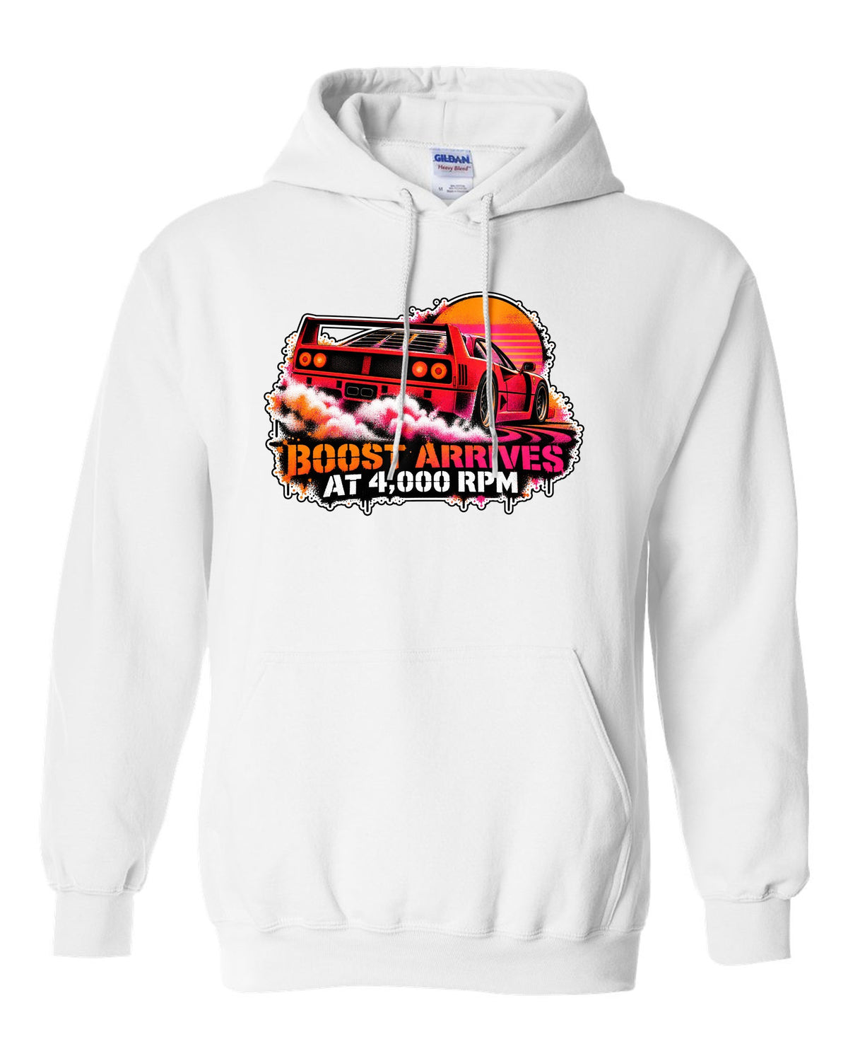 Stencil spray street-art print of a 1987 Ferrari F40 F120 with burnout and boost at 4,000 rpm text white pull over hoodie front view with the design