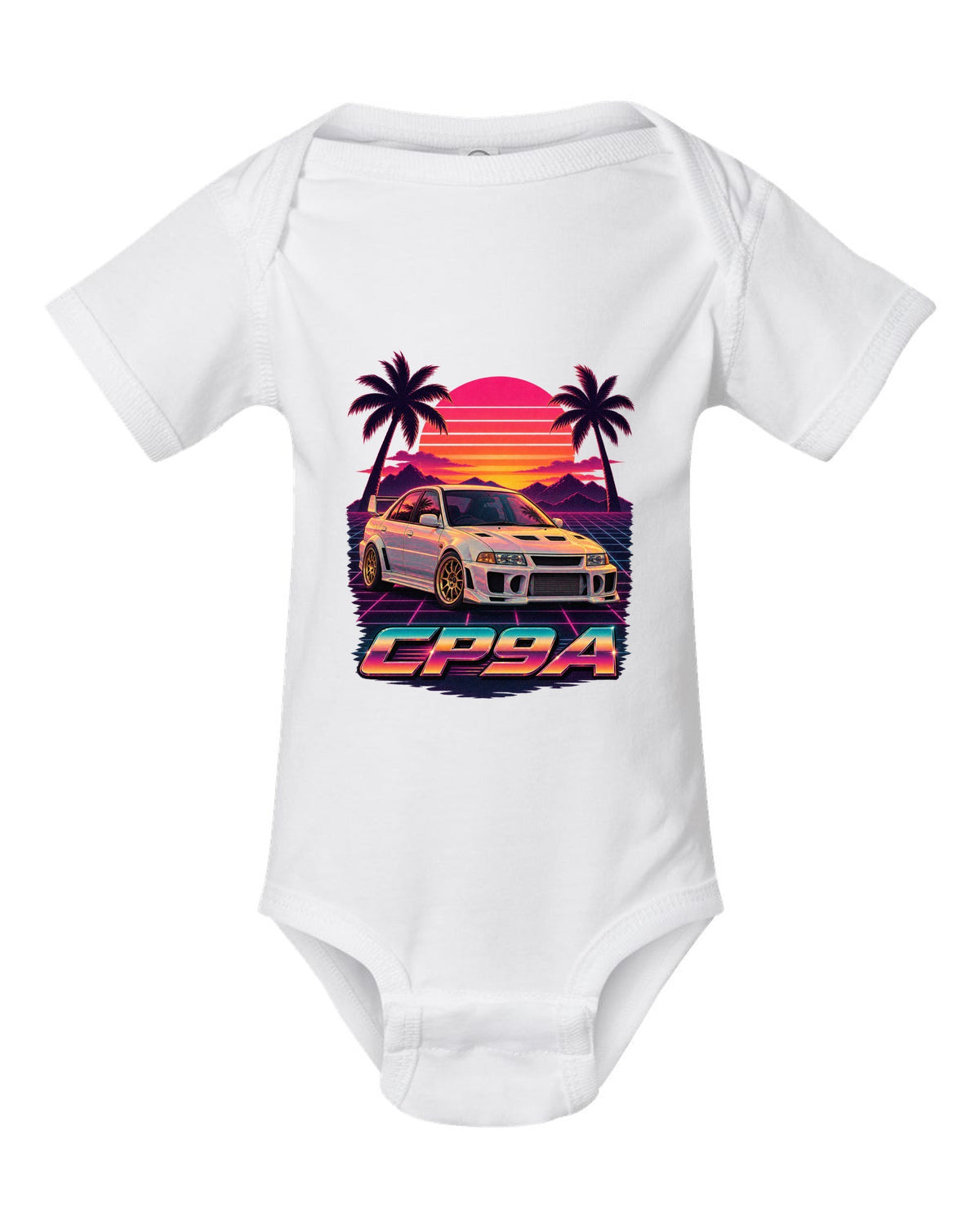 Synthwave sunset poster of a Mitsubishi Lancer Evolution V CP9A with palm trees white baby onesie front view with the design