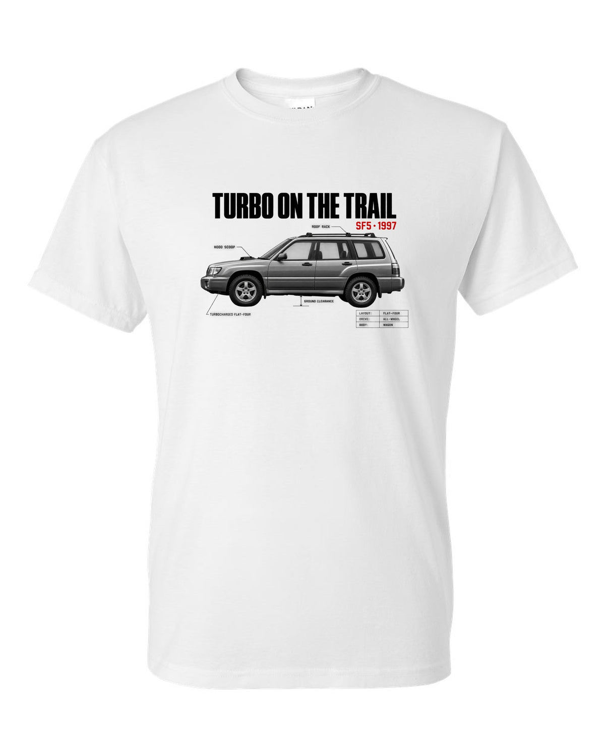 Spec poster print for the Subaru Forester SF5 reading Turbo on the Trail with hood scoop and roof rack details white t-shirt front view with the design