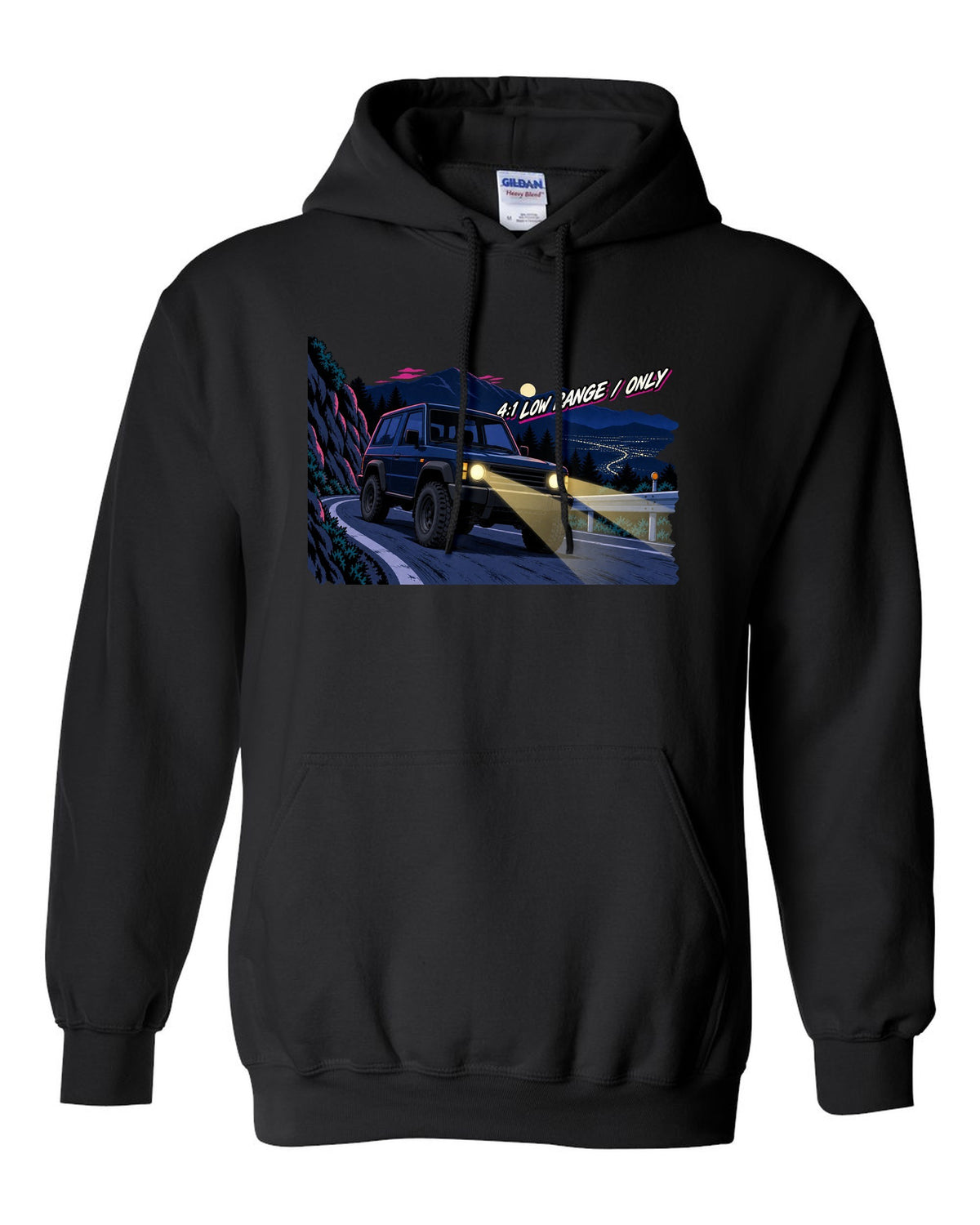 Jeep Wrangler JLU cel-shaded 90s anime night mountain pass with 4:1 low range only text black pull over hoodie front view with the design