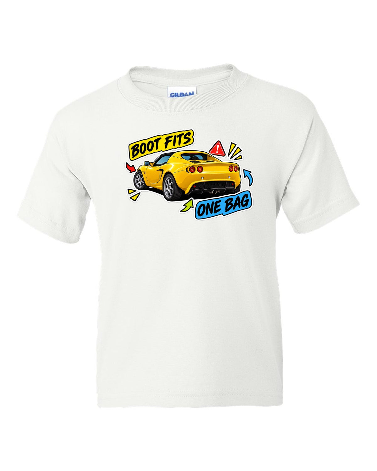 Lotus Elise S2 sticker bomb collage with BOOT FITS ONE BAG lettering white kids tee front view with the design