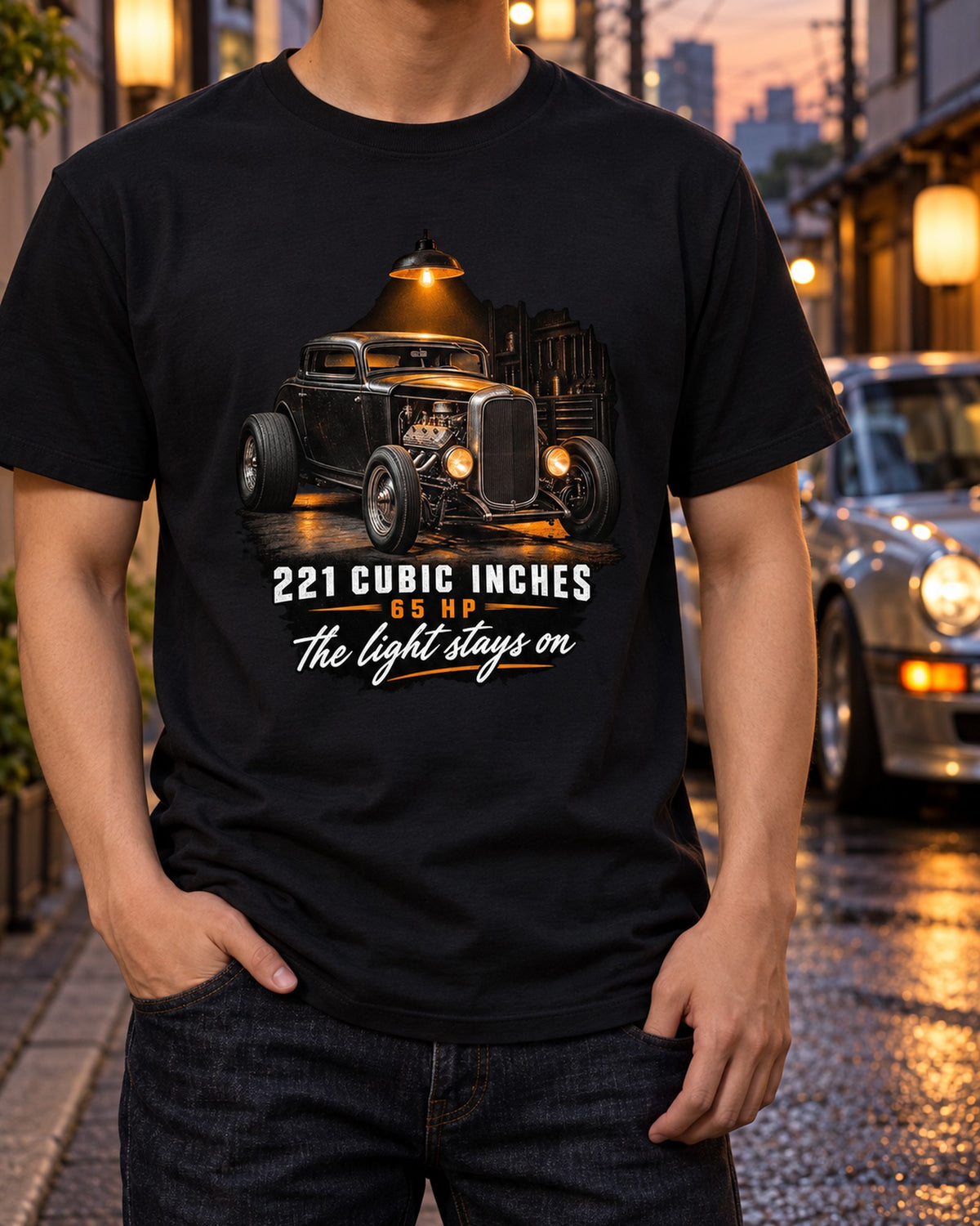 1932 Ford Deuce Three-Window Coupe Flathead V8 Garage Tee T-Shirt Black worn hero