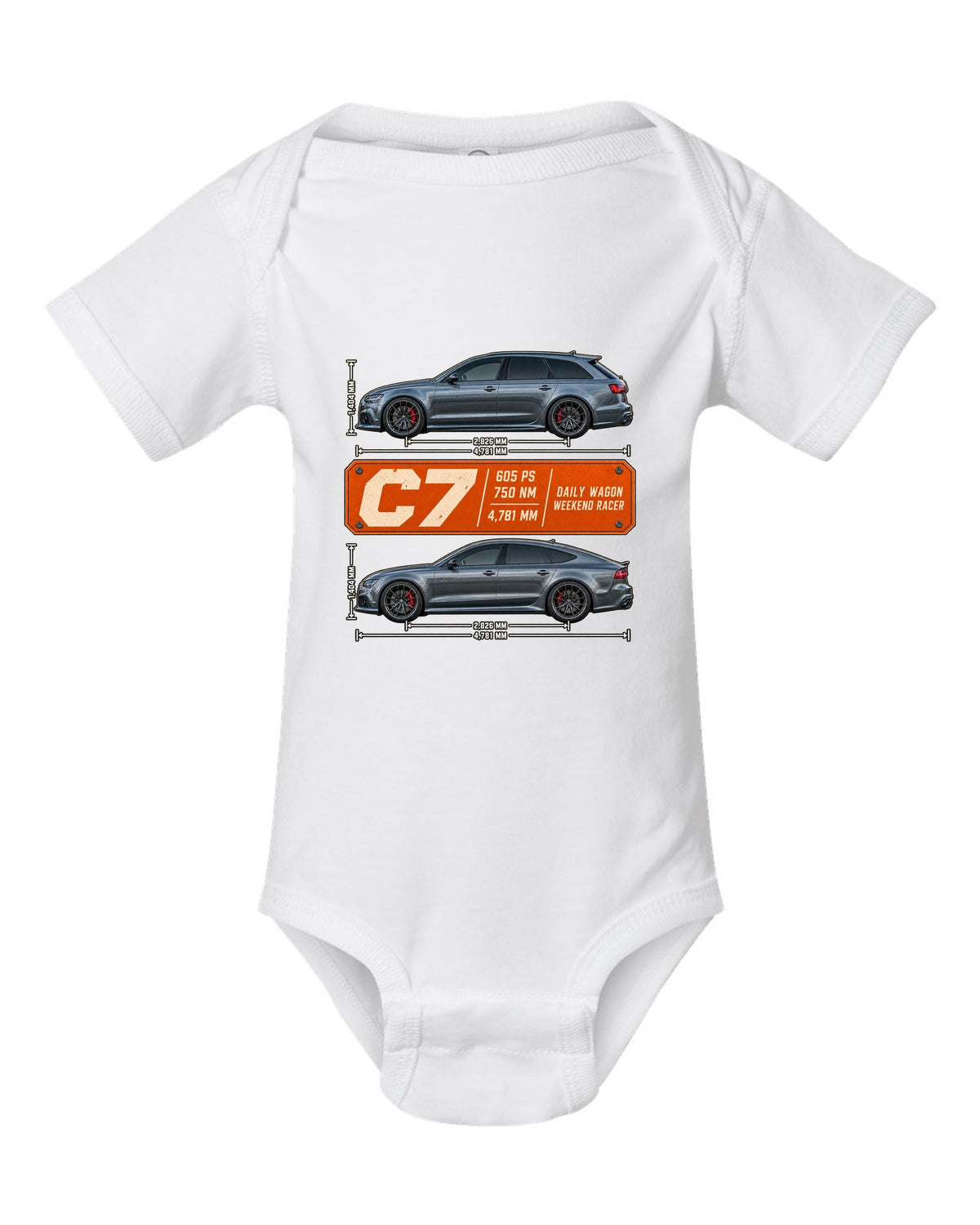 Audi RS4 Avant B9 spec poster print with 450 PS and 600 Nm white baby onesie front view with the design