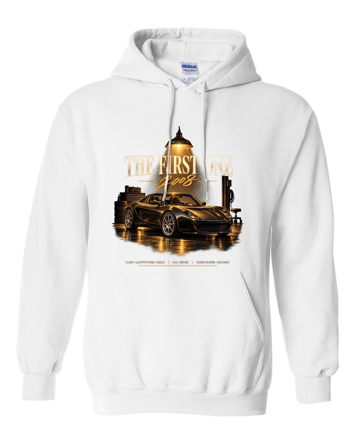 Garage night print of a first generation 2008 Tesla Roadster white pull over hoodie front view with the design