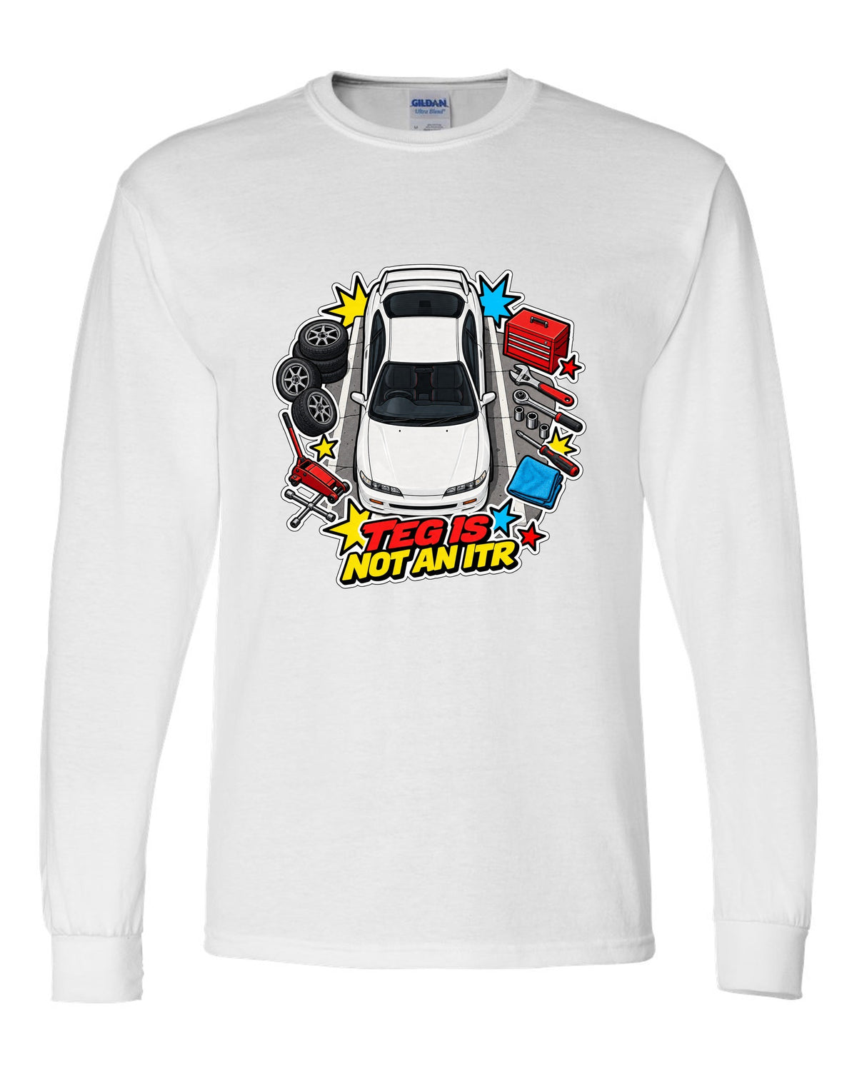 Retro Showa catalogue ad style print of a 2002 Honda Integra DC5 ch with K20A six speed text white long sleeve front view with the design