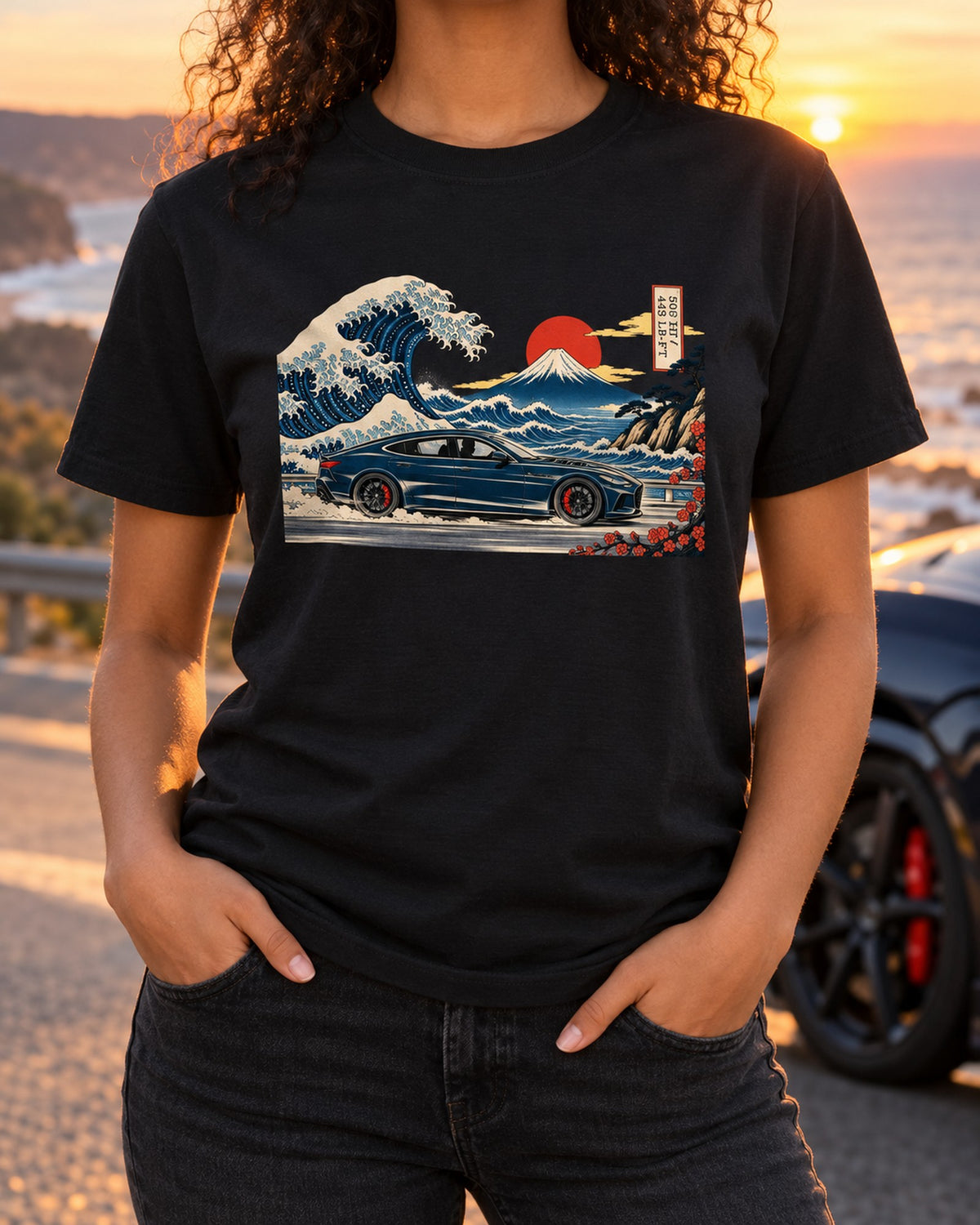 Alfa Romeo Giulia Quadrifoglio Ukiyo-e Woodblock Wave Tee T-Shirt Black worn hero