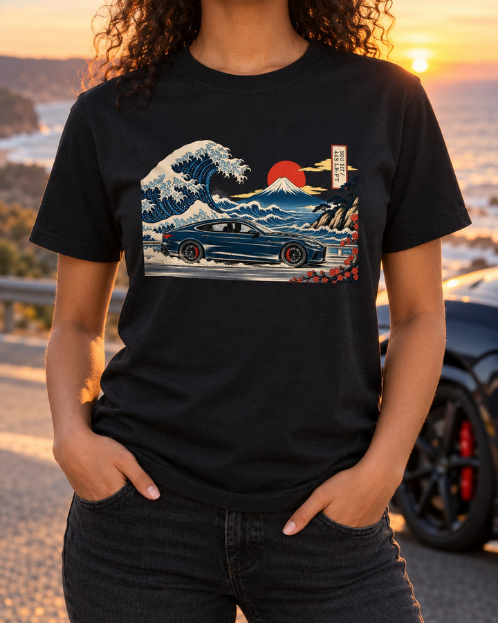 Alfa Romeo Giulia Quadrifoglio Ukiyo-e Woodblock Wave Tee T-Shirt Black worn hero