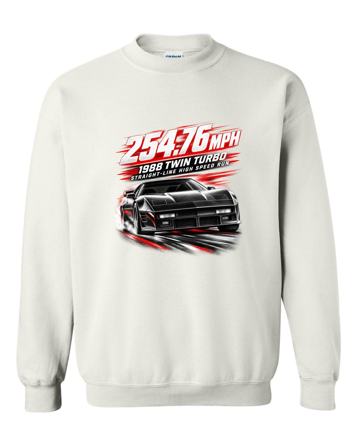 Callaway Sledgehammer 1988 twin-turbo C4 coupe race poster print 254.76 mph white crewneck front view with the design