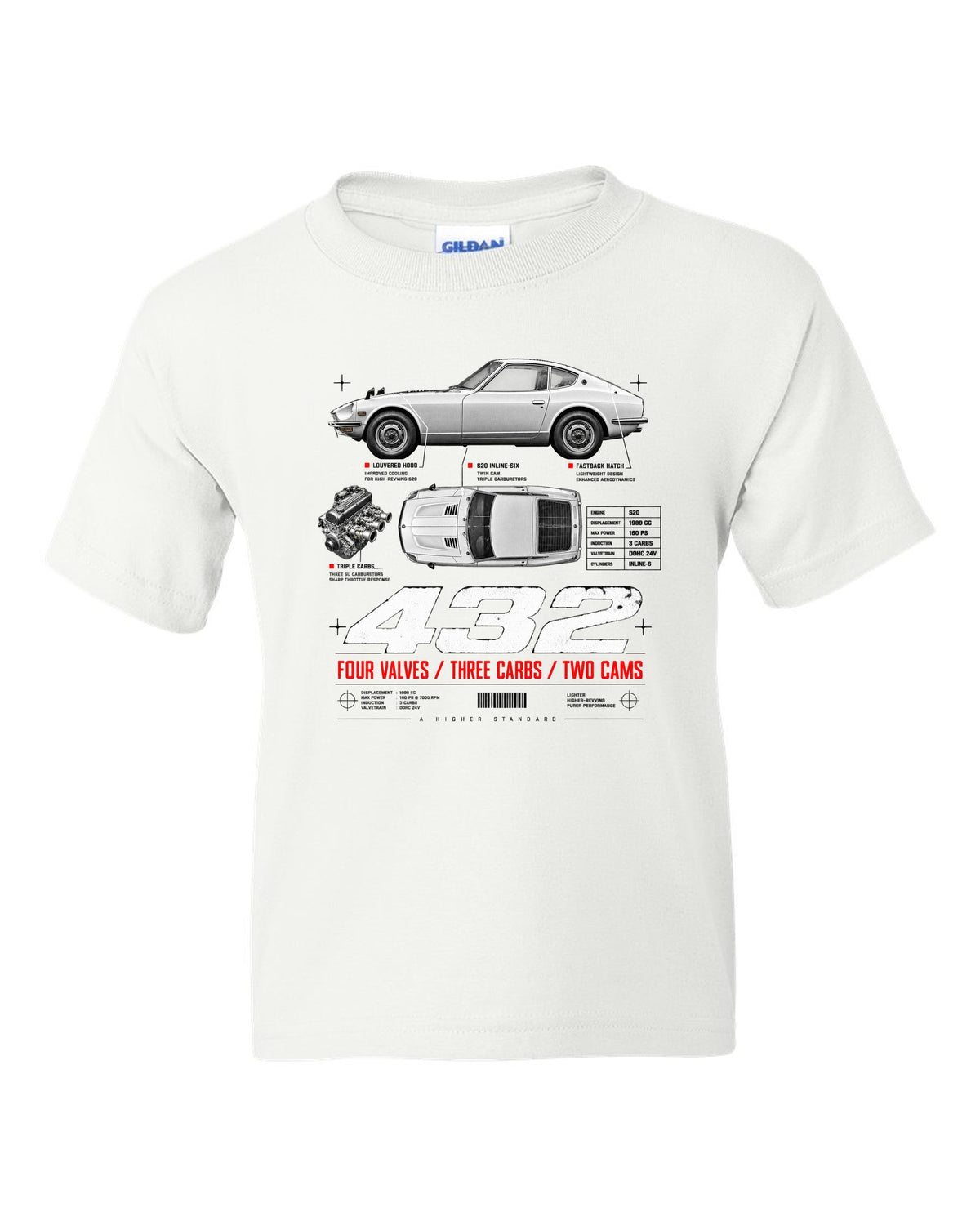 print spec poster of a 1970 Datsun Fairlady Z432 PS30 in profile and top-down view white kids tee front view with the design