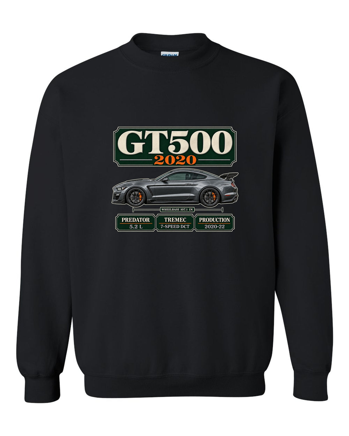Ford Mustang S550 Shelby GT500 2020 archive panel print with engine and gearbox details black crewneck front view with the design