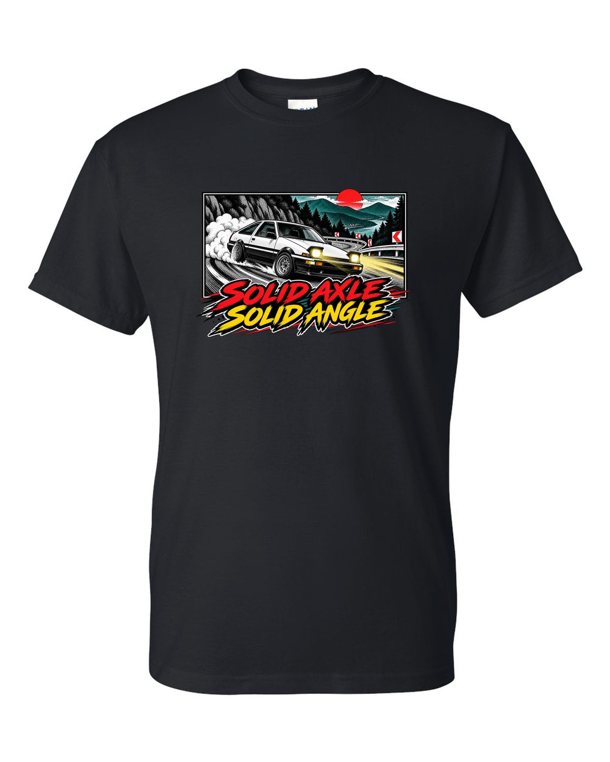 Retro manga halftone panel of a Toyota AE86 Sprinter Trueno drifting downhill black t-shirt front view with the design