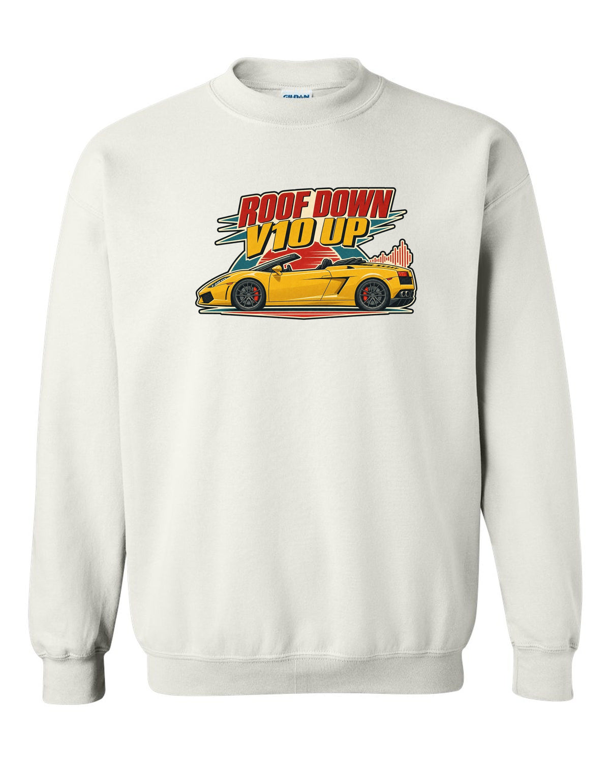 Vintage 1960s lithograph poster of a Lamborghini Gallardo Spyder LP560-4 with the text ROOF DOWN / V10 UP white crewneck front view with the design