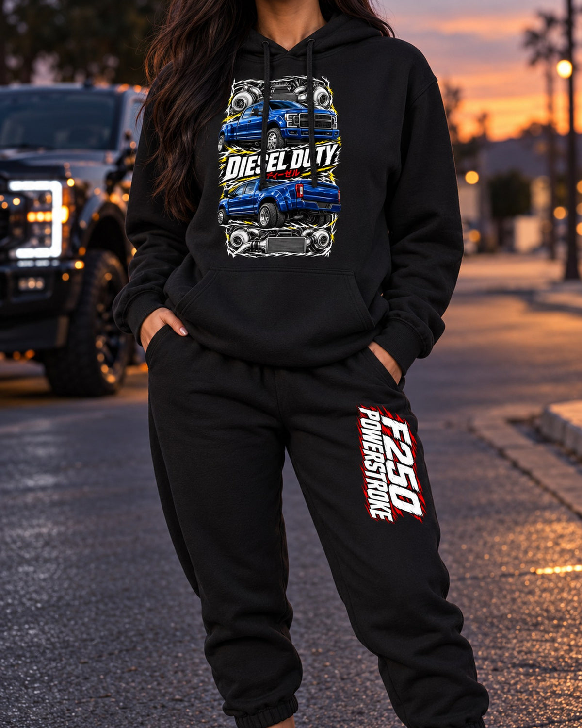 F250 Powerstroke Torn Poster Hoodie + Jogger Set Black worn hero
