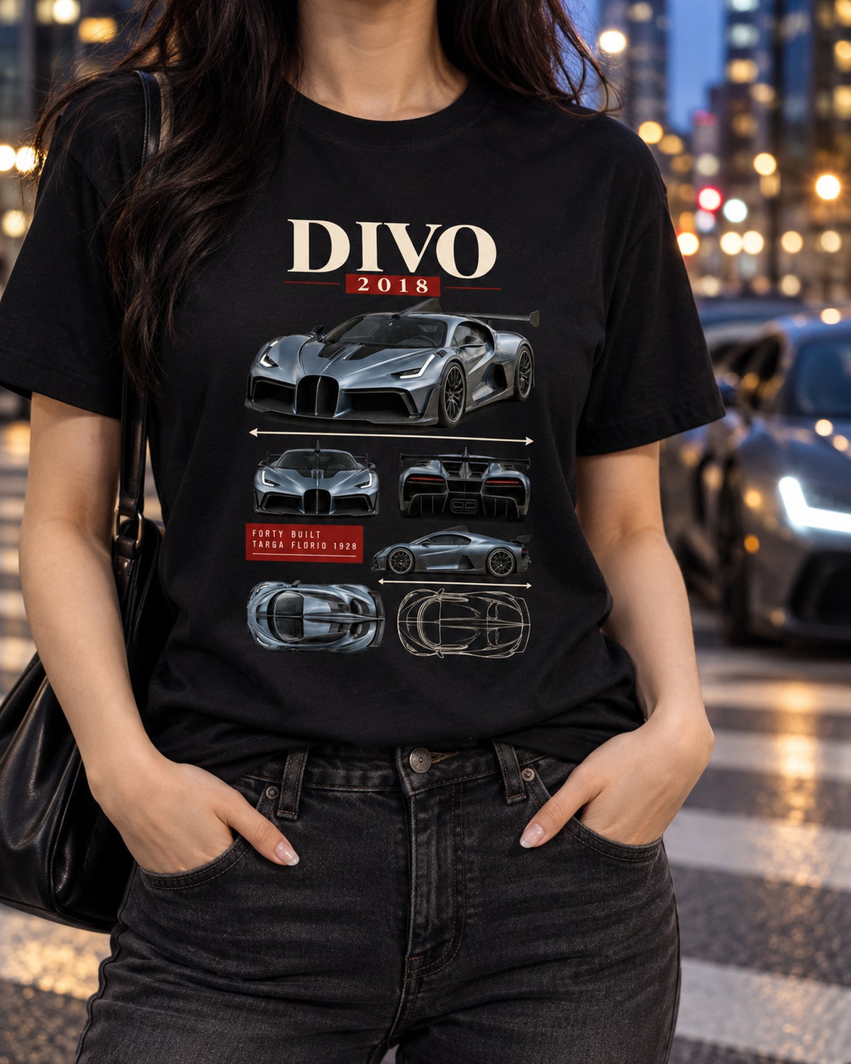 Bugatti Divo 2018 Archive Panel Shirt, Targa Florio Car Tee T-Shirt Black worn hero