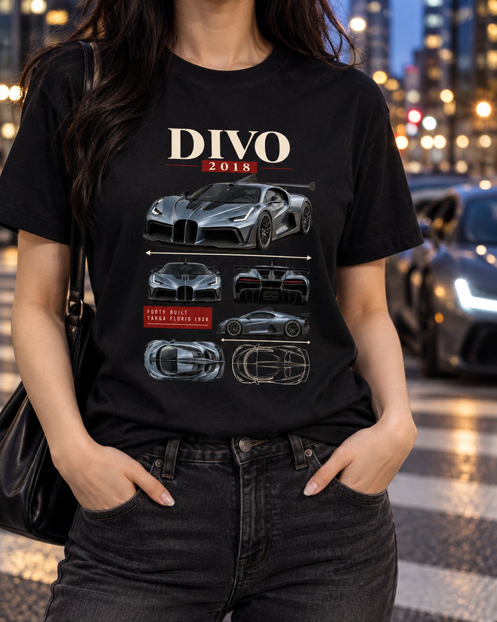 Bugatti Divo 2018 Archive Panel Shirt, Targa Florio Car Tee T-Shirt Black worn hero