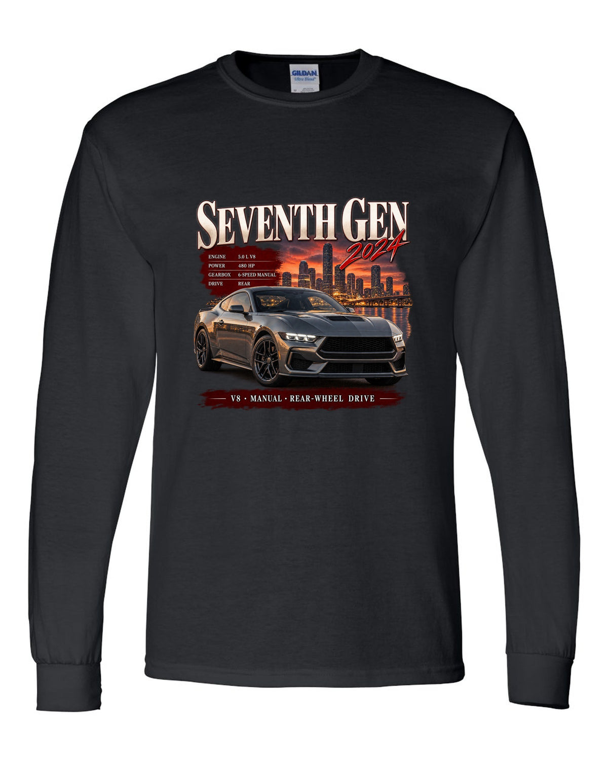 Ford Mustang S650 GT archive panel print reading Seventh Gen 2024 black long sleeve front view with the design