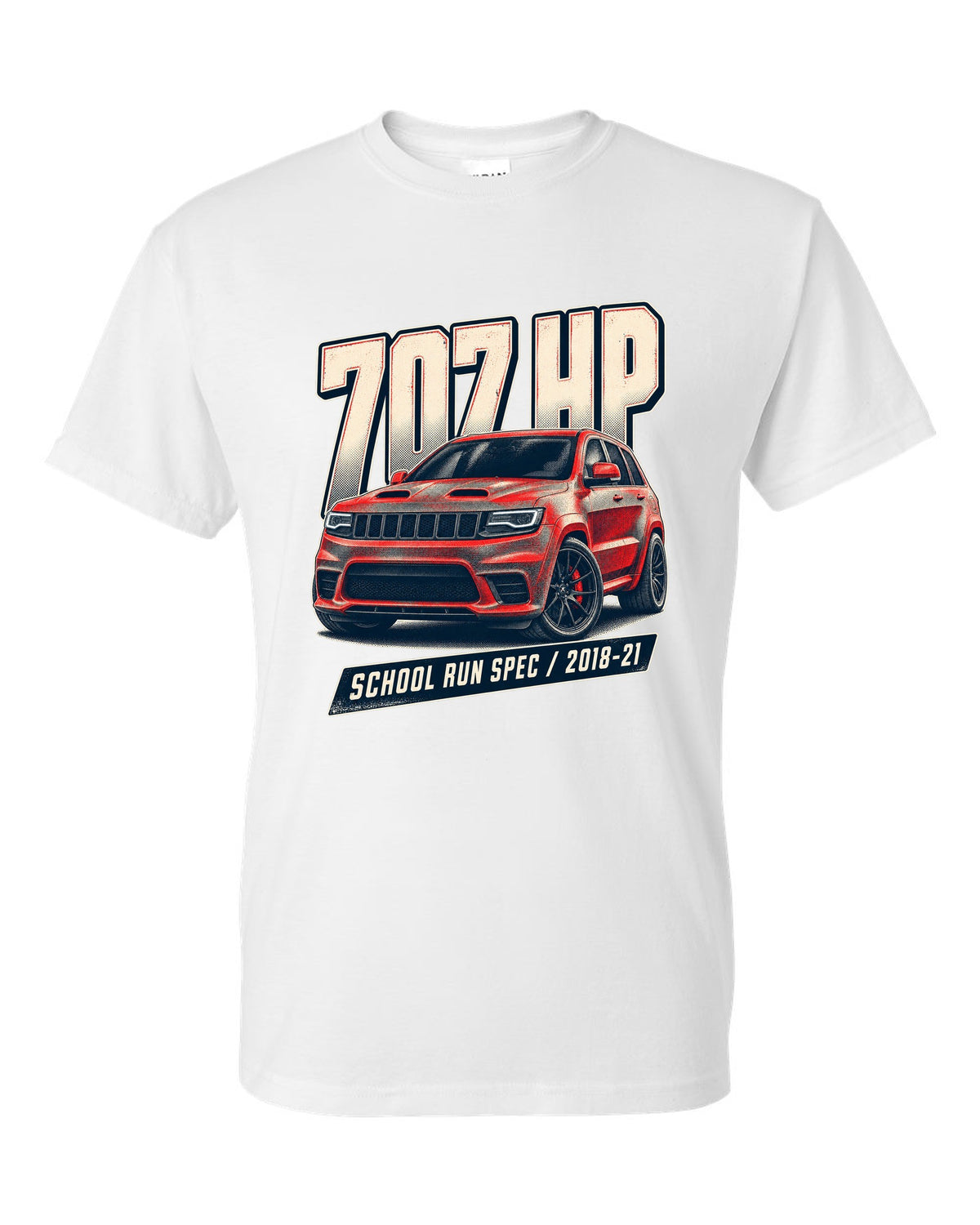 Halftone print of the Jeep Grand Cherokee Trackhawk WK2 with 707 HP lettering white t-shirt front view with the design