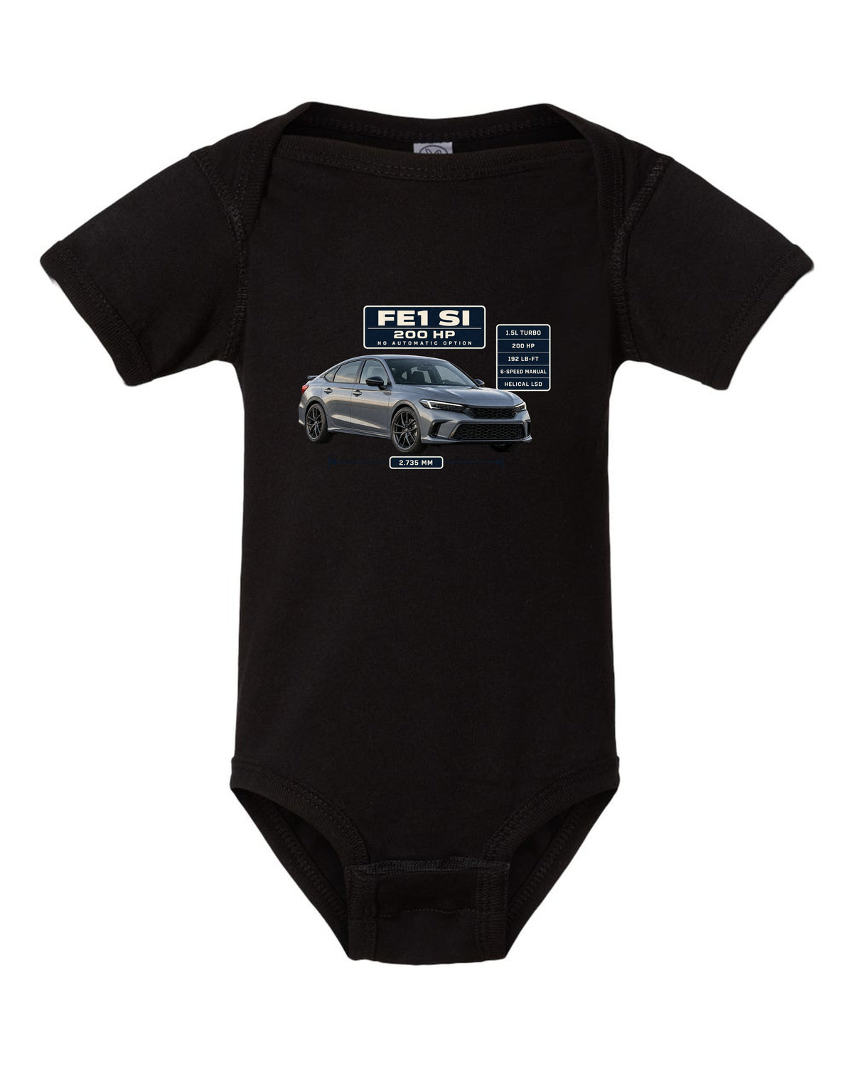 Honda Civic Si FE1 sedan front three-quarter spec poster print black baby onesie front view with the design