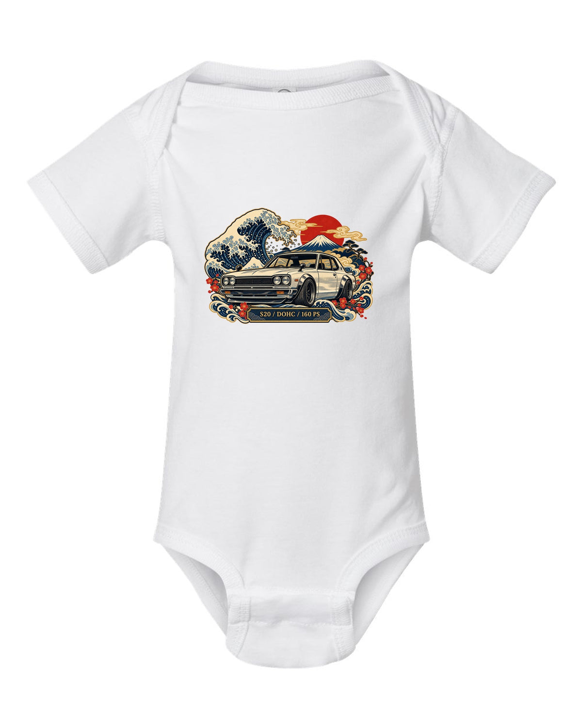 Ukiyo-e woodblock wave print of the Skyline 2000GT-R Hakosuka KPGC10 with S20 DOHC 160 PS lettering white baby onesie front view with the design