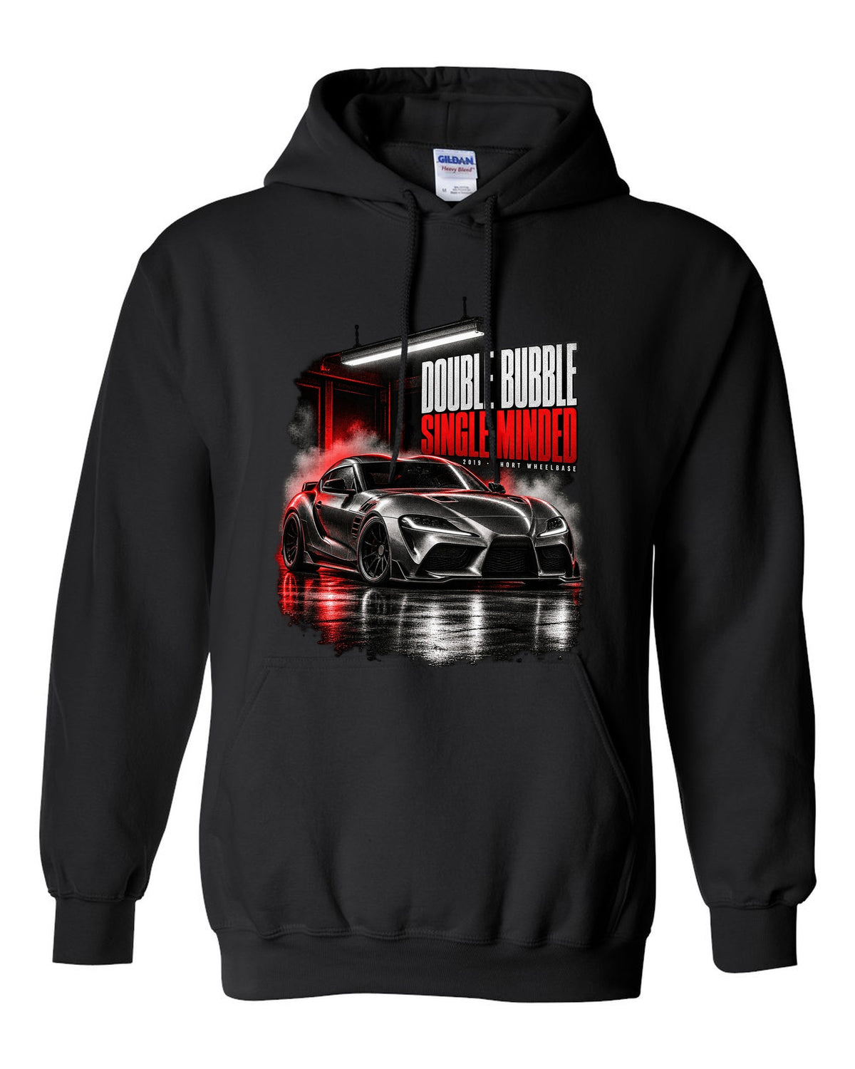 Garage night print of a Toyota GR Supra A90 with the text Double Bubble Single Minded black pull over hoodie front view with the design