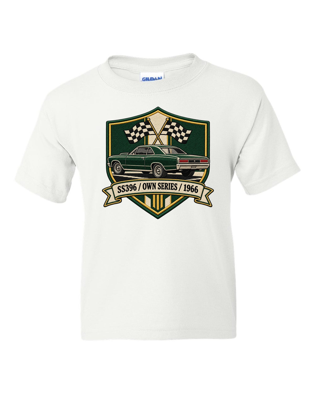 1966 Chevelle SS396 in an embroidery-style shield with text SS396 Own Series 1966 white kids tee front view with the design