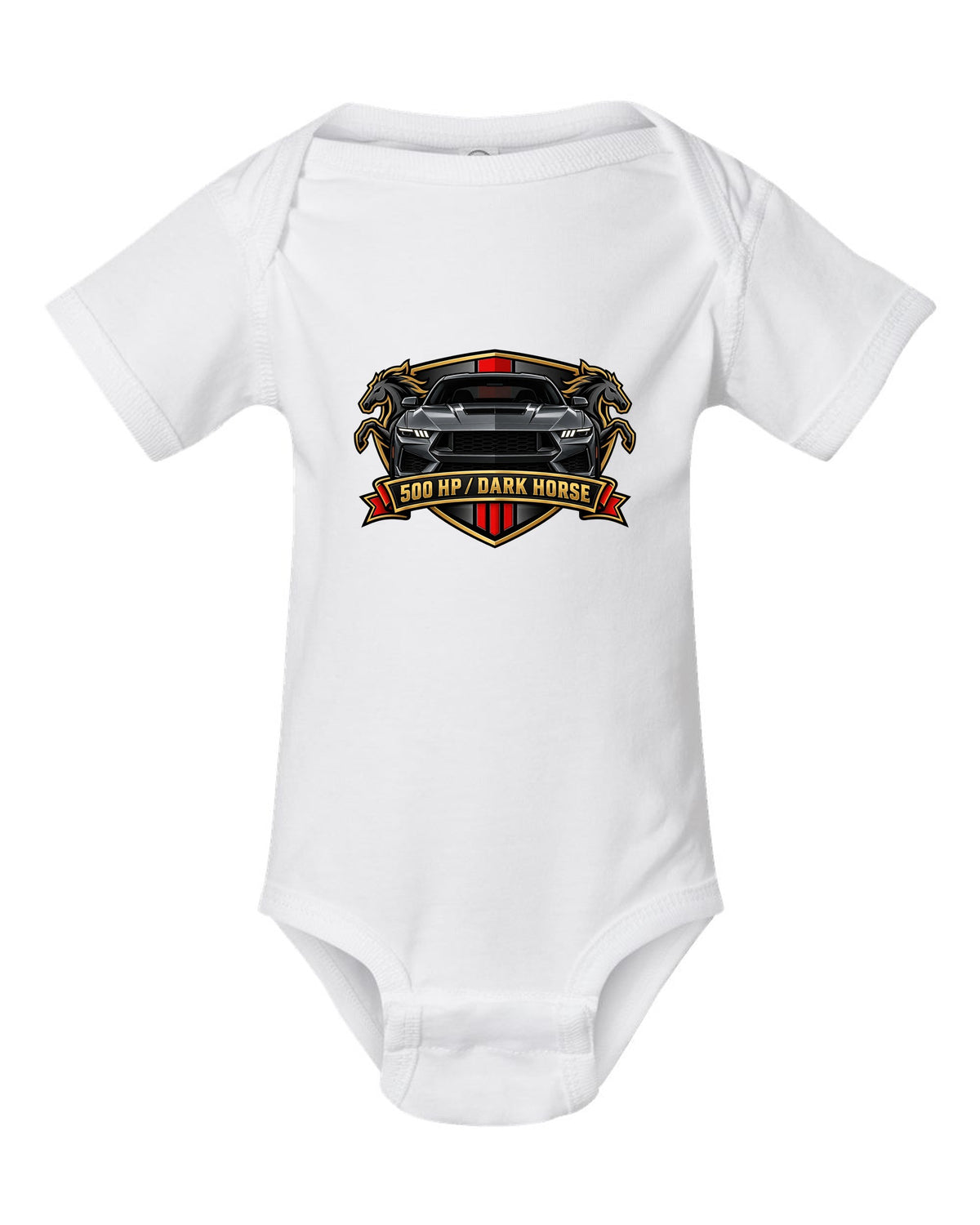 Varsity embroidery-style crest of a 2024 S650 Mustang Dark Horse reading 500 HP white baby onesie front view with the design