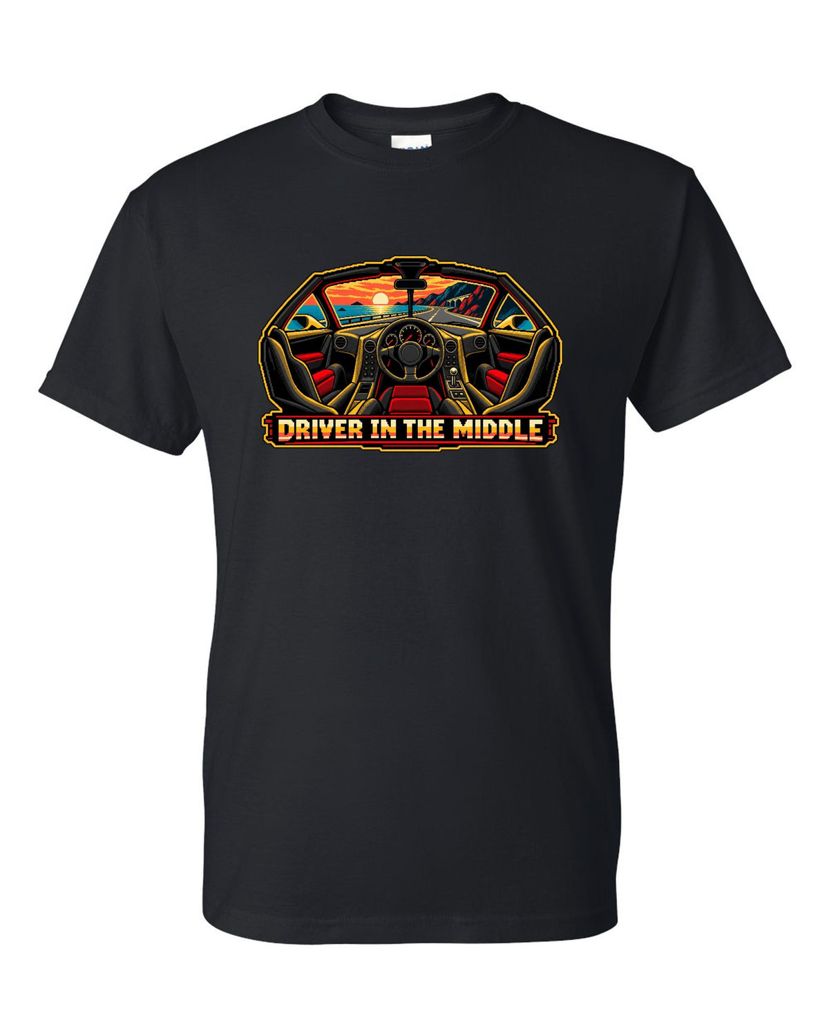 8/16-bit pixel art print of the McLaren F1 with Driver in the Middle lettering black t-shirt front view with the design