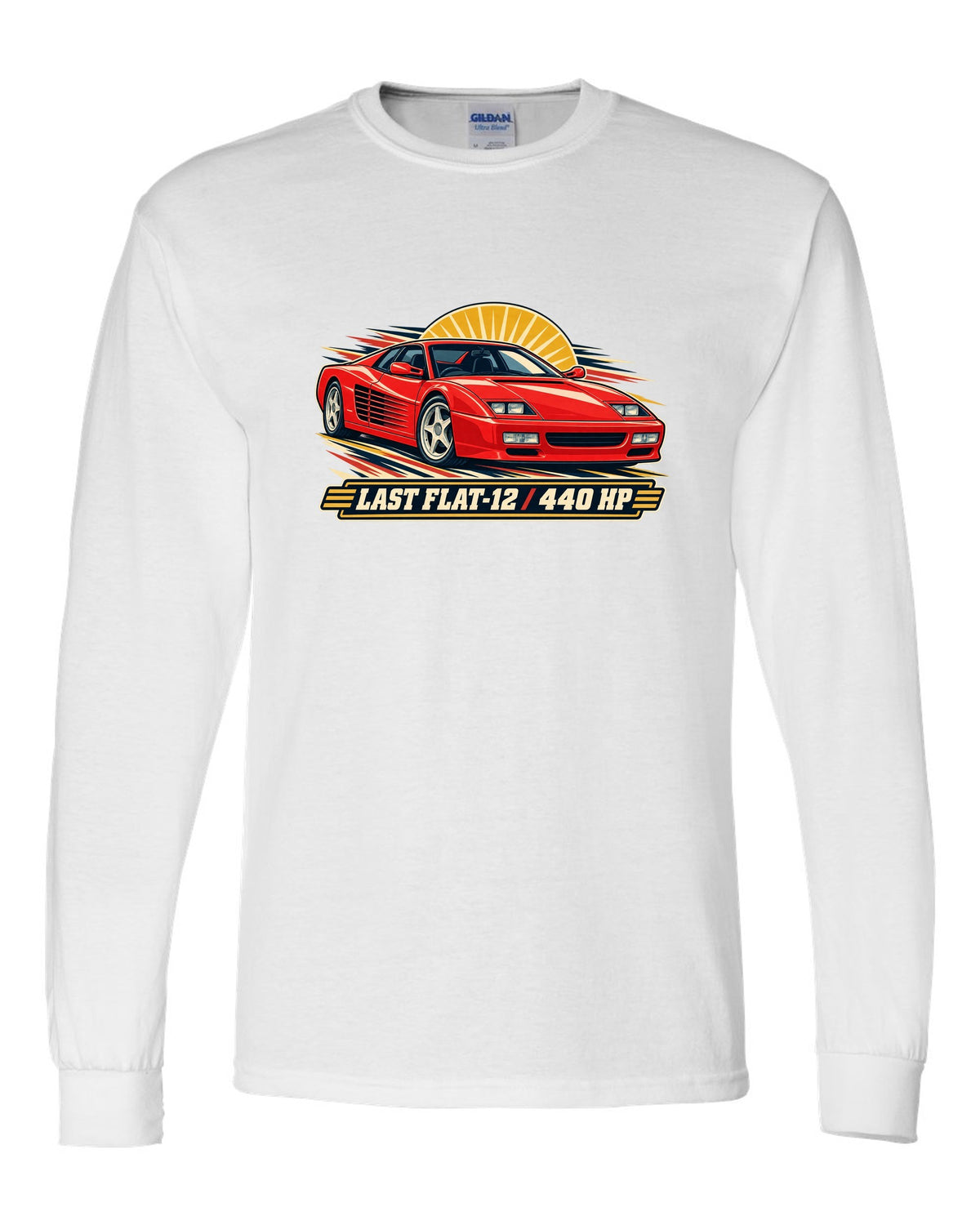 Retro race programme illustration print of the Ferrari F512 M with the text last flat-12, 440 HP white long sleeve front view with the design