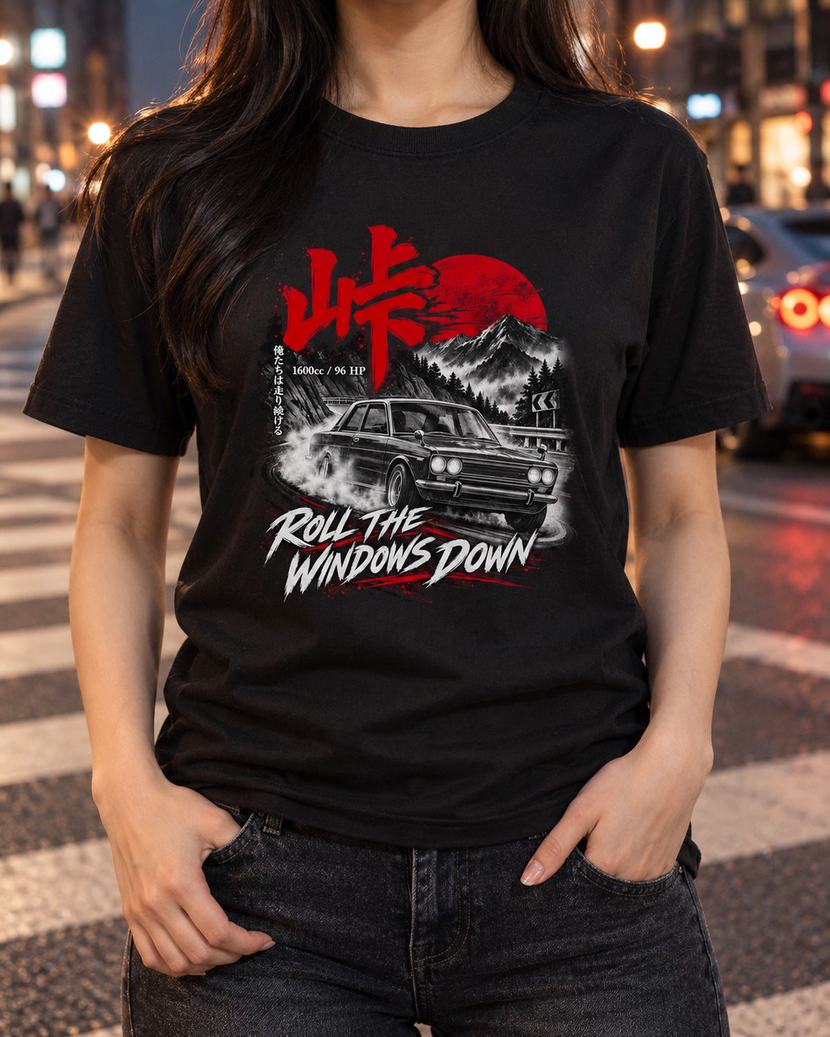 Datsun 510 PL510 Touge Shirt, 1600cc Windows Down print T-Shirt Black worn hero
