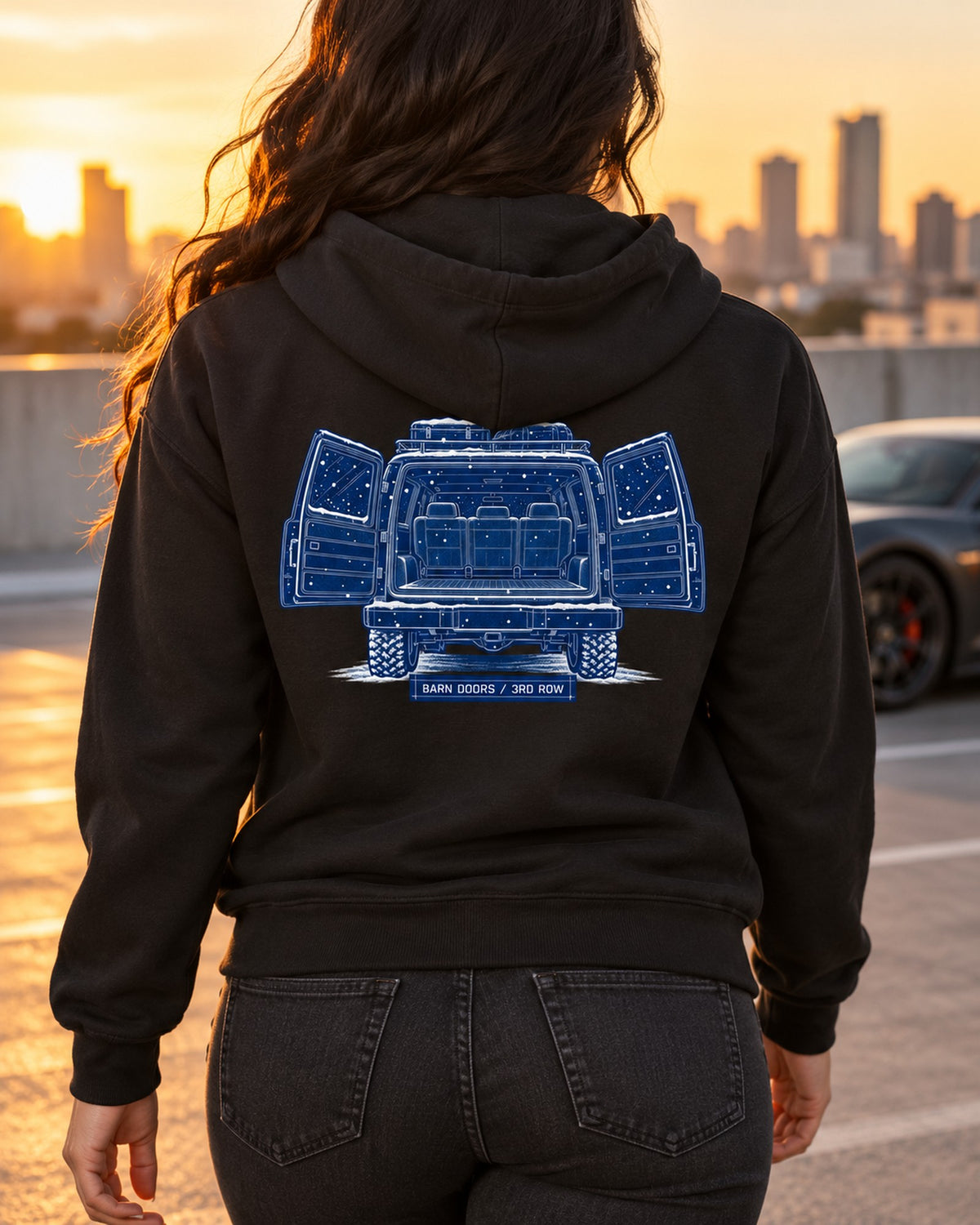 Chevy Suburban GMT400 Barn Doors Blueprint Tee, 1992-1999 Zip Hoodie Black worn hero
