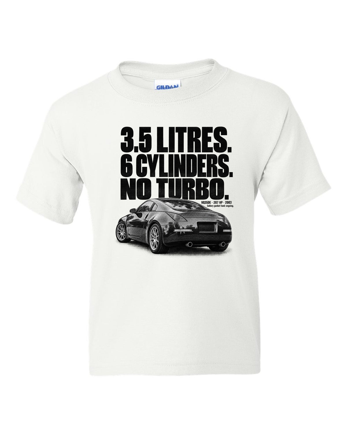 Halftone print of a Nissan 350Z Z33 rear three-quarter with VQ35DE 287 HP text white kids tee front view with the design