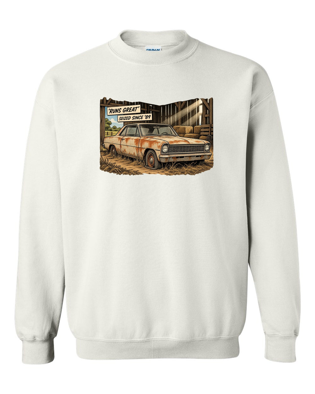 Synthwave print of a 1971 Chevelle SS 454 taillights with the text Runs Great, Seized Since '89 white crewneck front view with the design